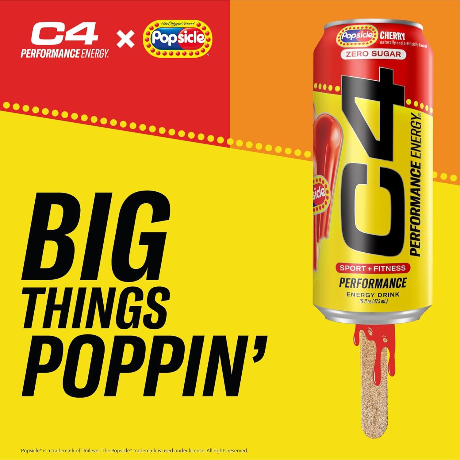Communicates the collaboration between C4 Performance Energy and Popsicle brands, creating excitement around a limited-edition flavor partnership.