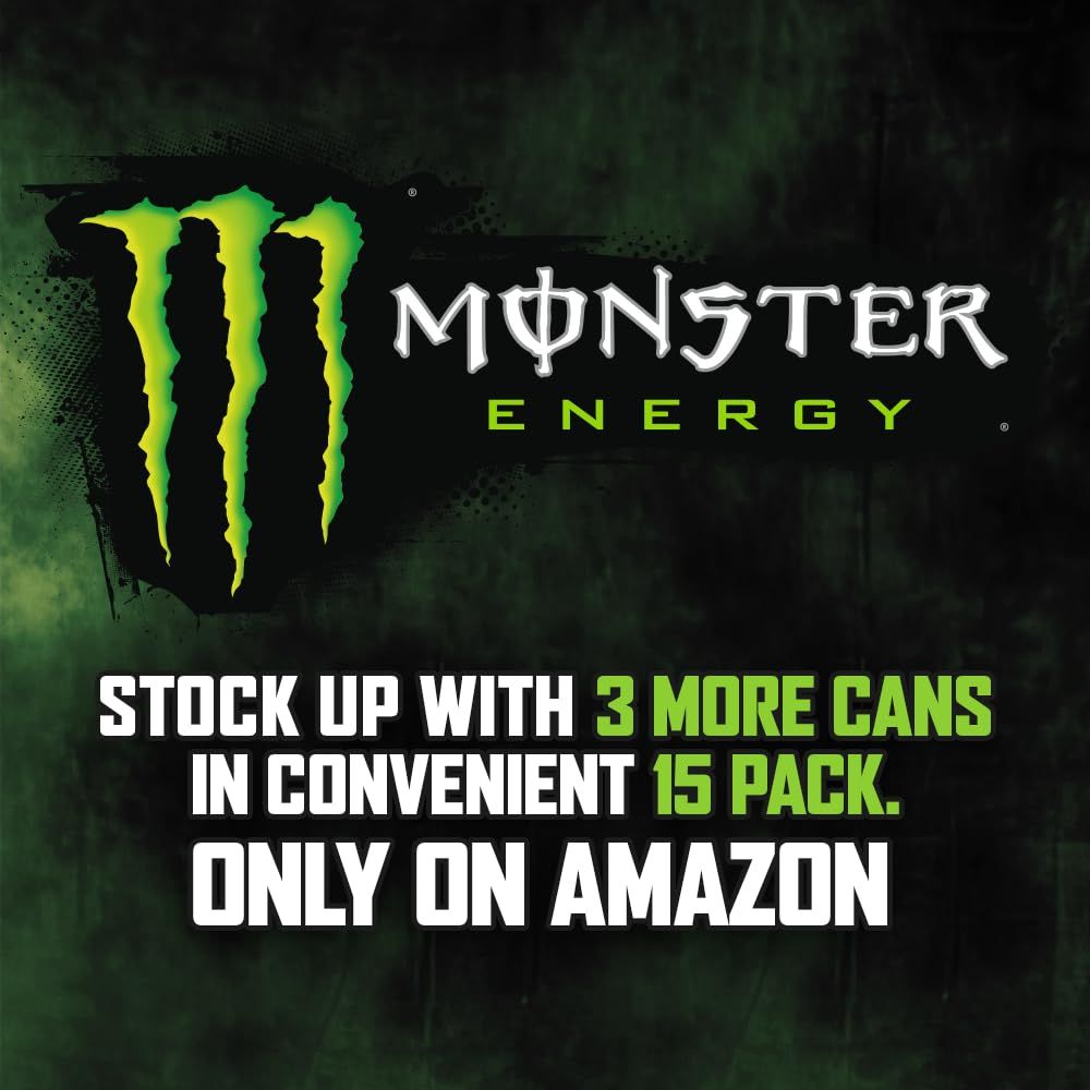 Promotes the Monster Energy brand and highlights an exclusive Amazon bundle offering (15-pack with 3 more cans), driving purchase intent through platform…