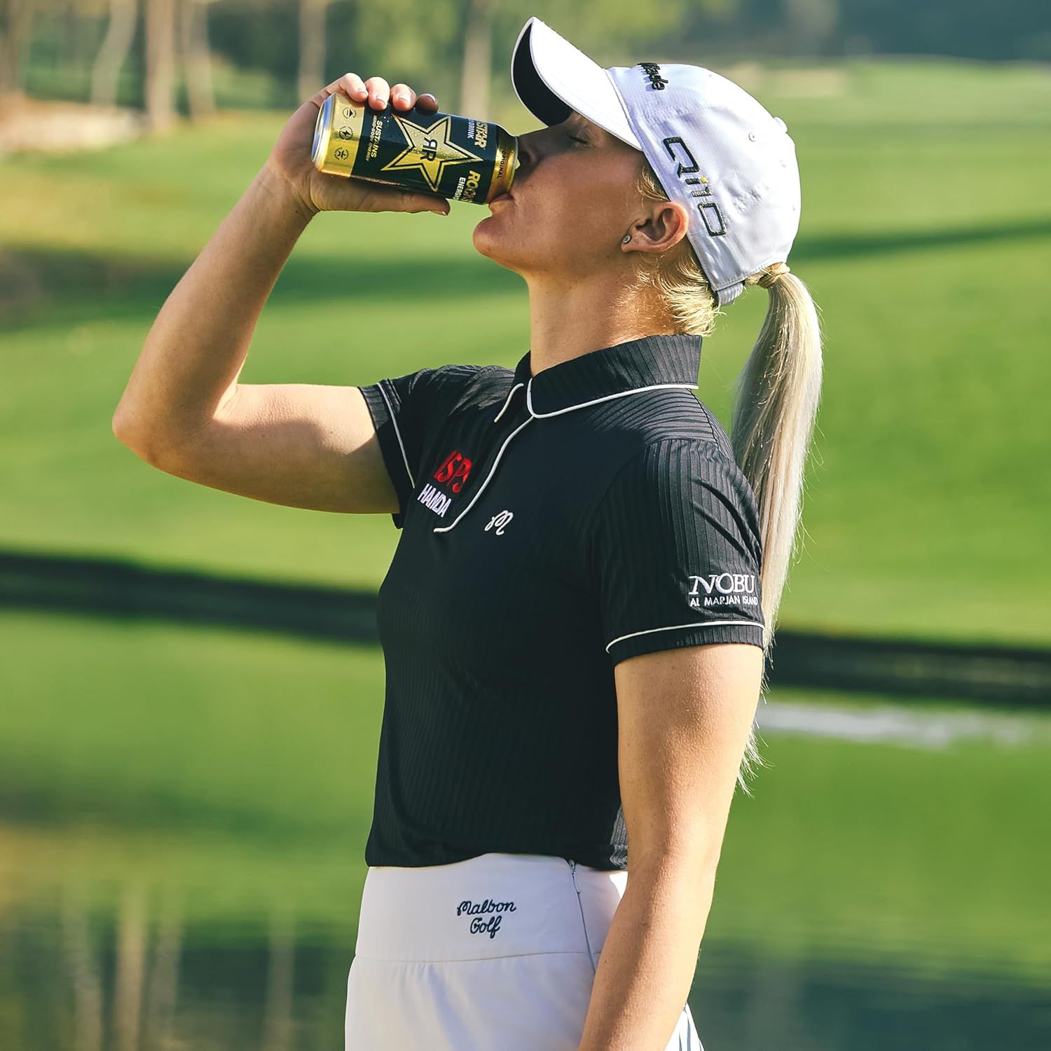 Demonstrates the product being used in a real-world athletic setting (golf course) to show its relevance for active lifestyles and sports performance.