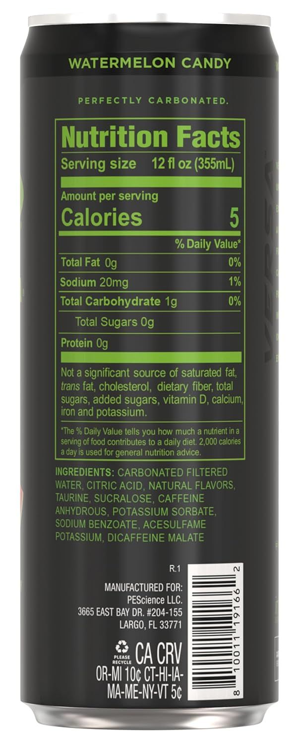 Displays the back of the beverage can showing nutrition facts, ingredients, and product information for shopper transparency and regulatory compliance.