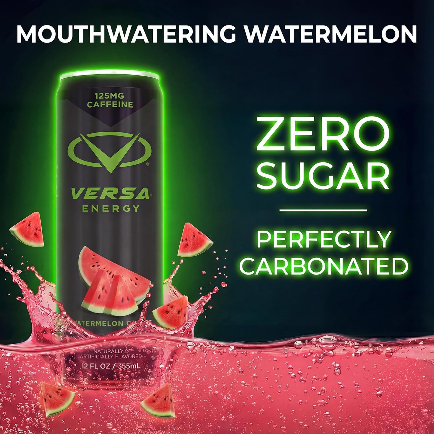 Communicates multiple key product benefits in a visually segmented layout to highlight the energy drink's zero sugar content, carbonation quality, caffeine…