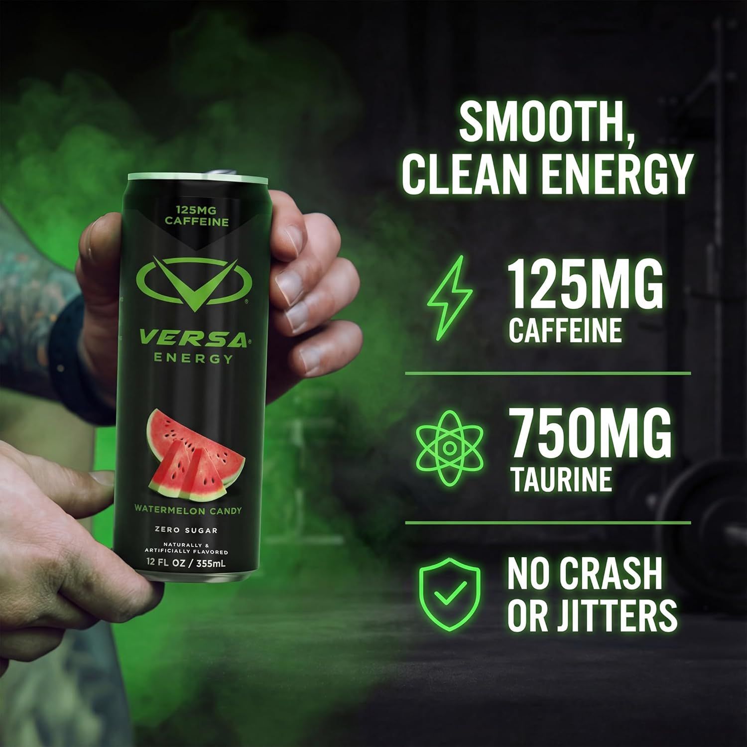 Communicates multiple key benefits of the energy drink in a visually segmented layout, highlighting caffeine content, taurine content, and the absence of…