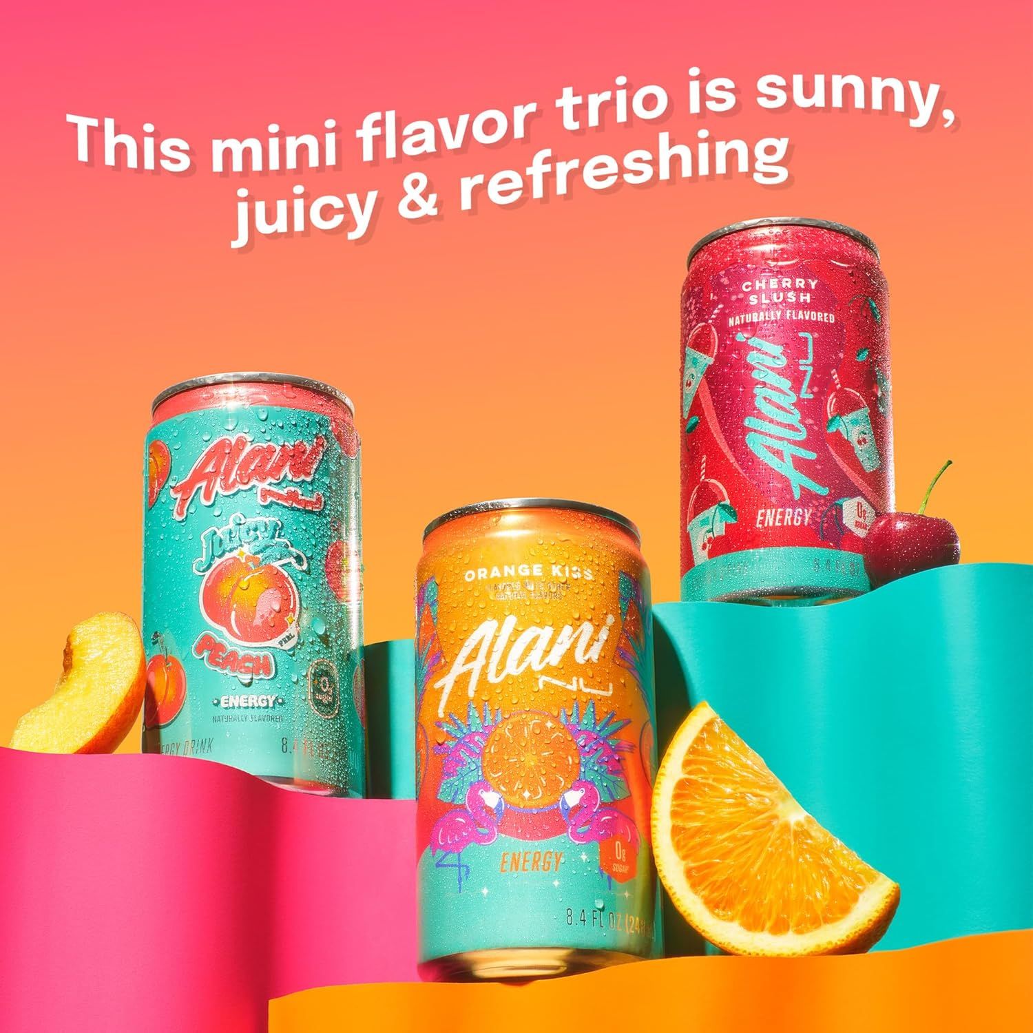 Showcases the brand's mini flavor trio lineup, highlighting the variety of flavors available (Cherry Slush, Orange Kiss, and Juicy Peach) to help shoppers…