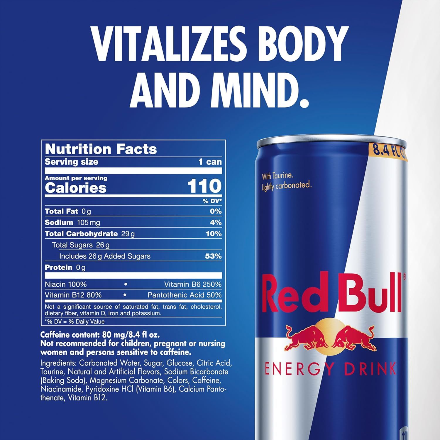 Communicates the core benefit of the energy drink—that it revitalizes both body and mind—while providing detailed nutritional information to inform the shopper.