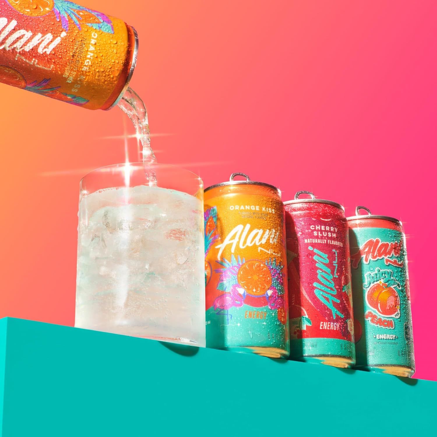 Showcases the brand's product lineup with multiple flavor options (Orange Kiss, Cherry Blush, and another variant) in a visually appealing lifestyle setting…