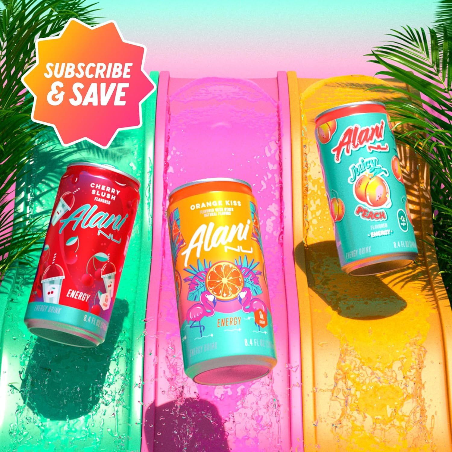 Showcases the brand's product lineup with three different flavor variants in a vibrant lifestyle setting, while promoting a subscription savings offer to…
