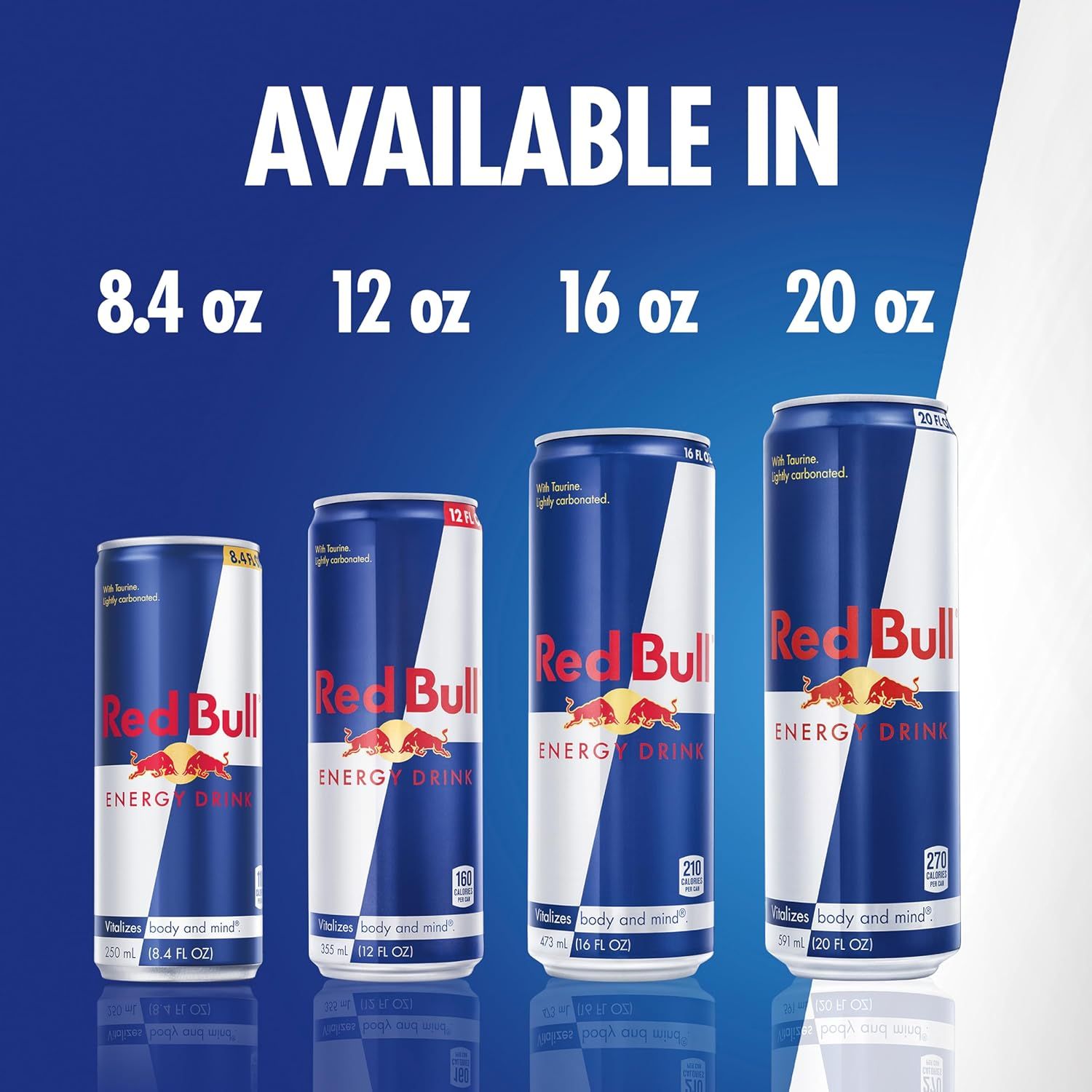 Shows shoppers the complete range of Red Bull Energy Drink size options available (8.4 oz, 12 oz, 16 oz, 20 oz) to help them choose the right size for their…