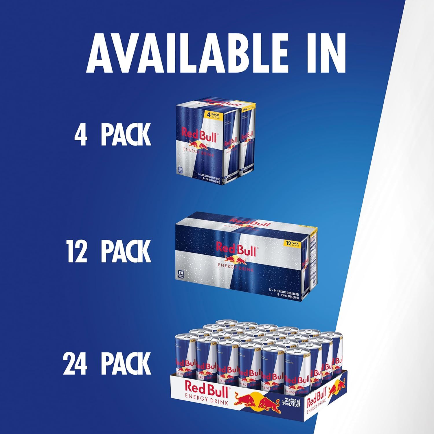 Shows shoppers the different pack size options available for Red Bull Energy Drink (4-pack, 12-pack, and 24-pack) to help them choose the quantity that best…