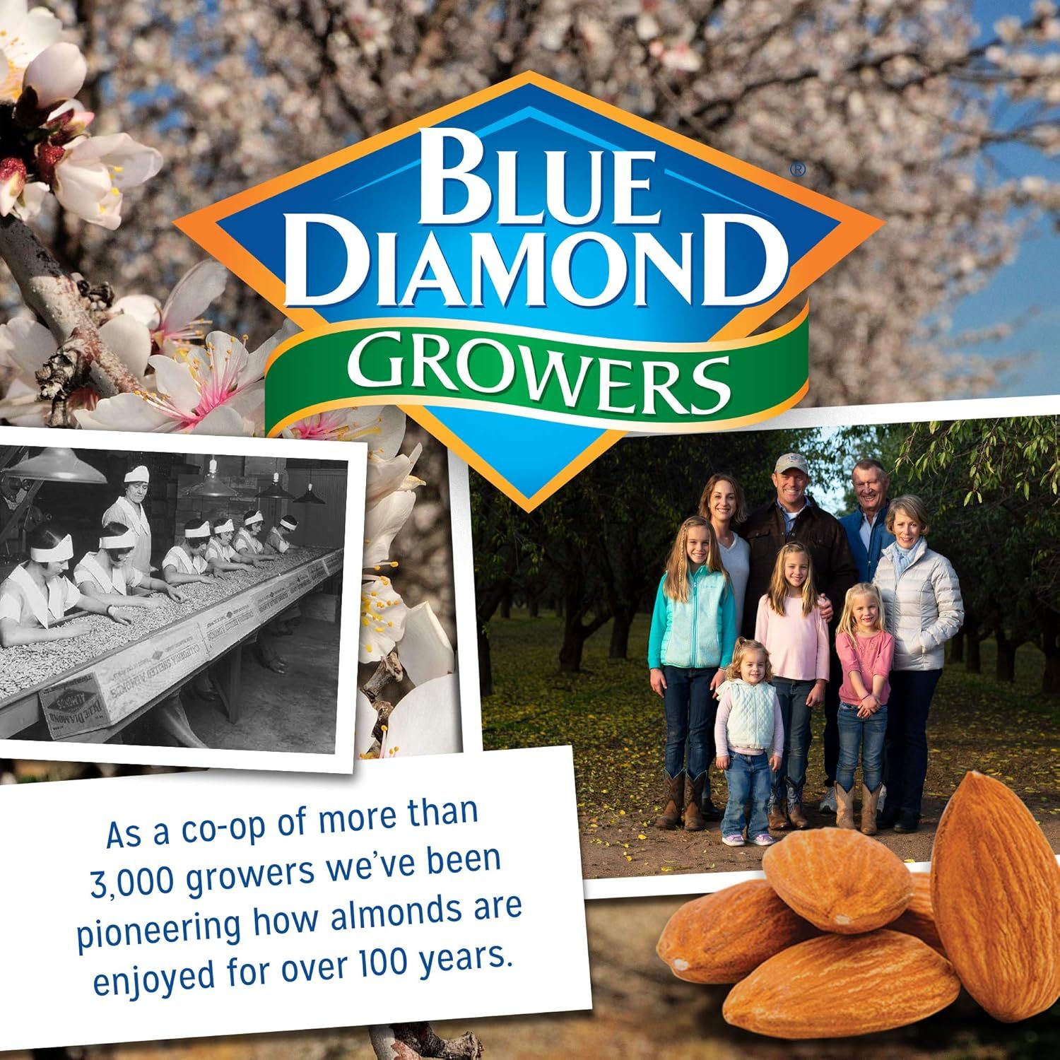 Communicates the brand's heritage and cooperative identity, emphasizing over 100 years of almond growing tradition and the family-owned nature of the growers…