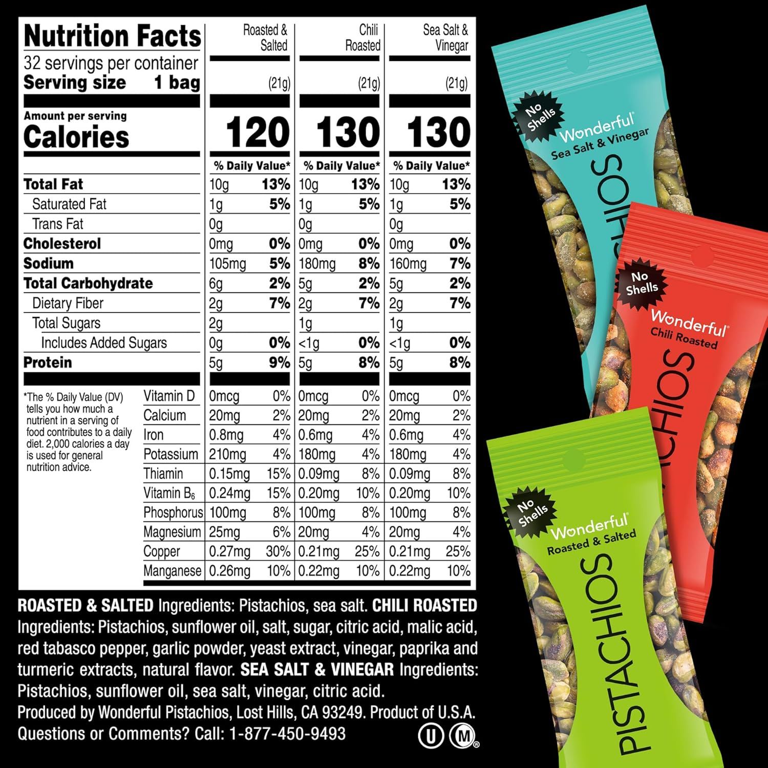 Displays the brand's product lineup with three flavor variants (Roasted & Salted, Chili Roasted, Sea Salt & Vinegar) alongside detailed nutrition facts to…