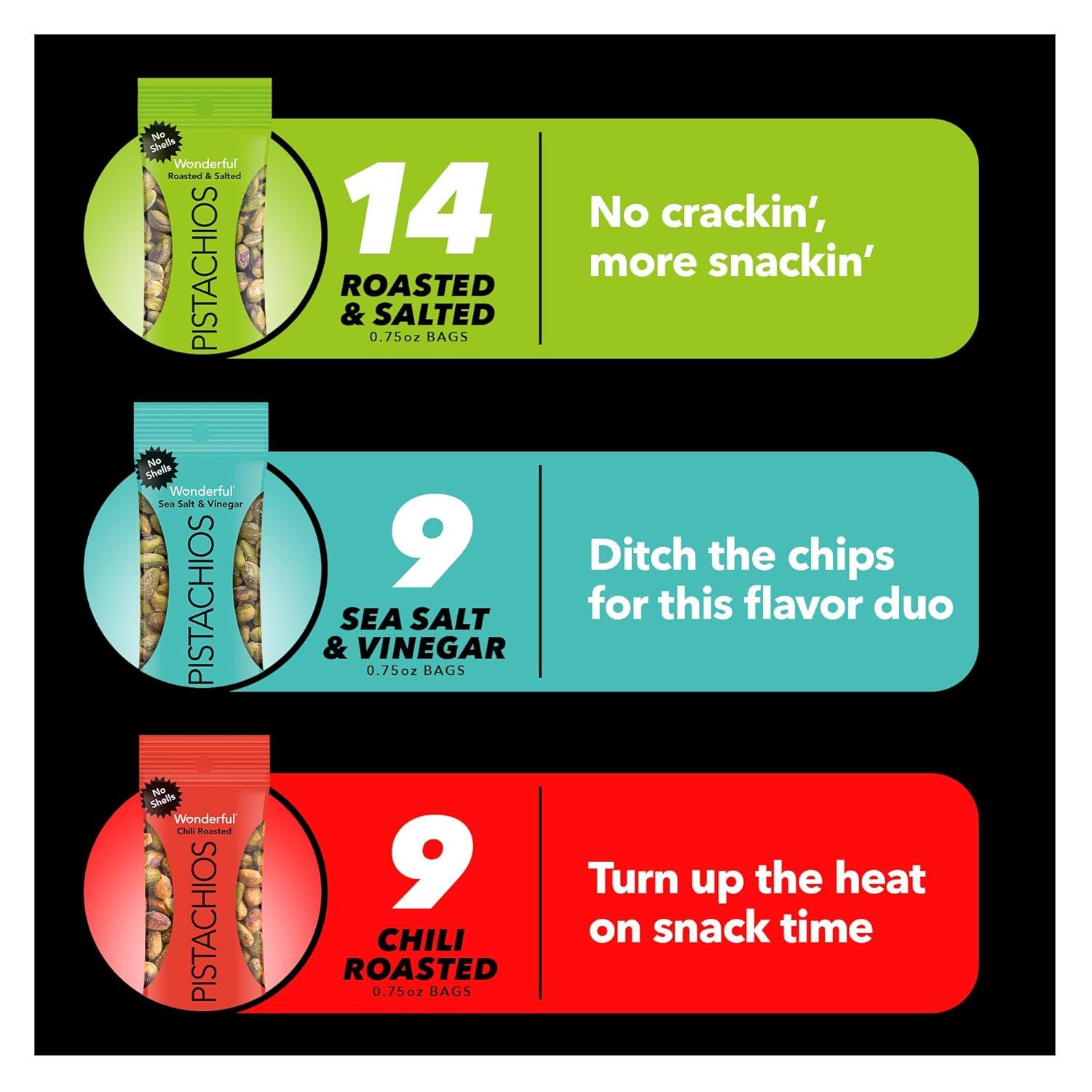 Showcases the brand's product lineup with three different pistachio flavors and pack sizes, helping shoppers understand the variety available and choose the…