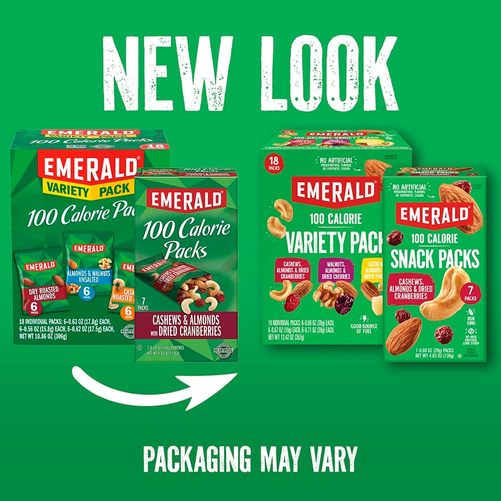 Informs shoppers about the brand's new packaging design while showcasing the variety of Emerald 100 Calorie snack pack options available.