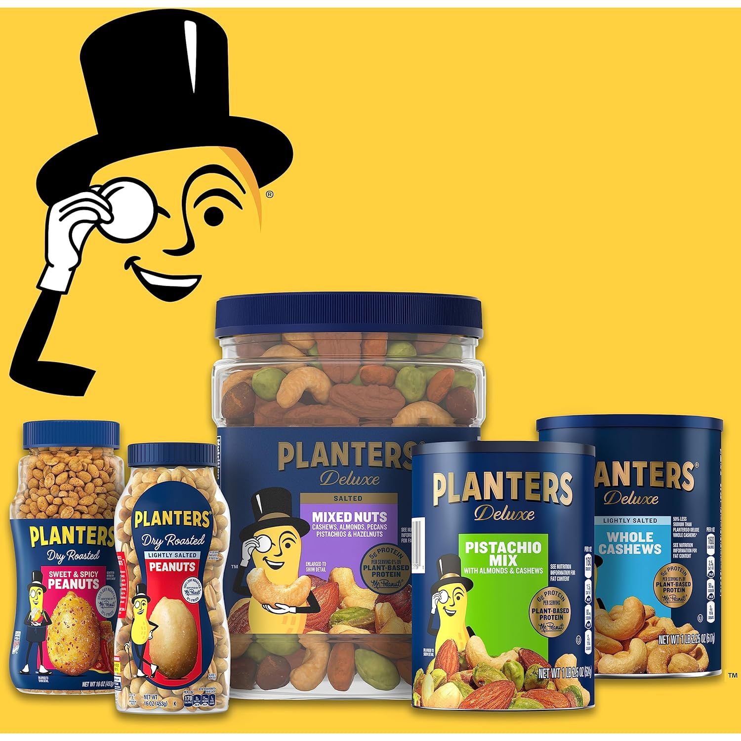 Showcases the Planters brand product portfolio and variety of nut options available, reinforcing brand recognition through the iconic Mr. Peanut mascot and…