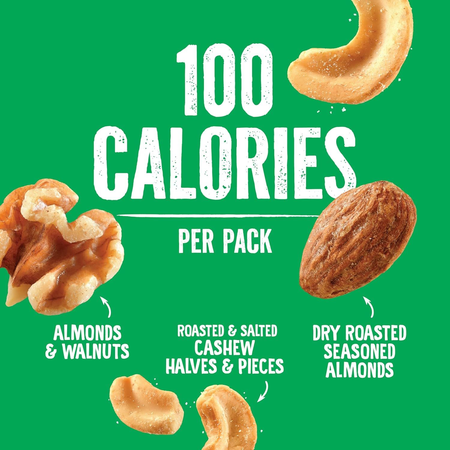 Communicates the low calorie count per pack to appeal to health-conscious shoppers looking for portion-controlled snacking options. Shows the variety of nuts…