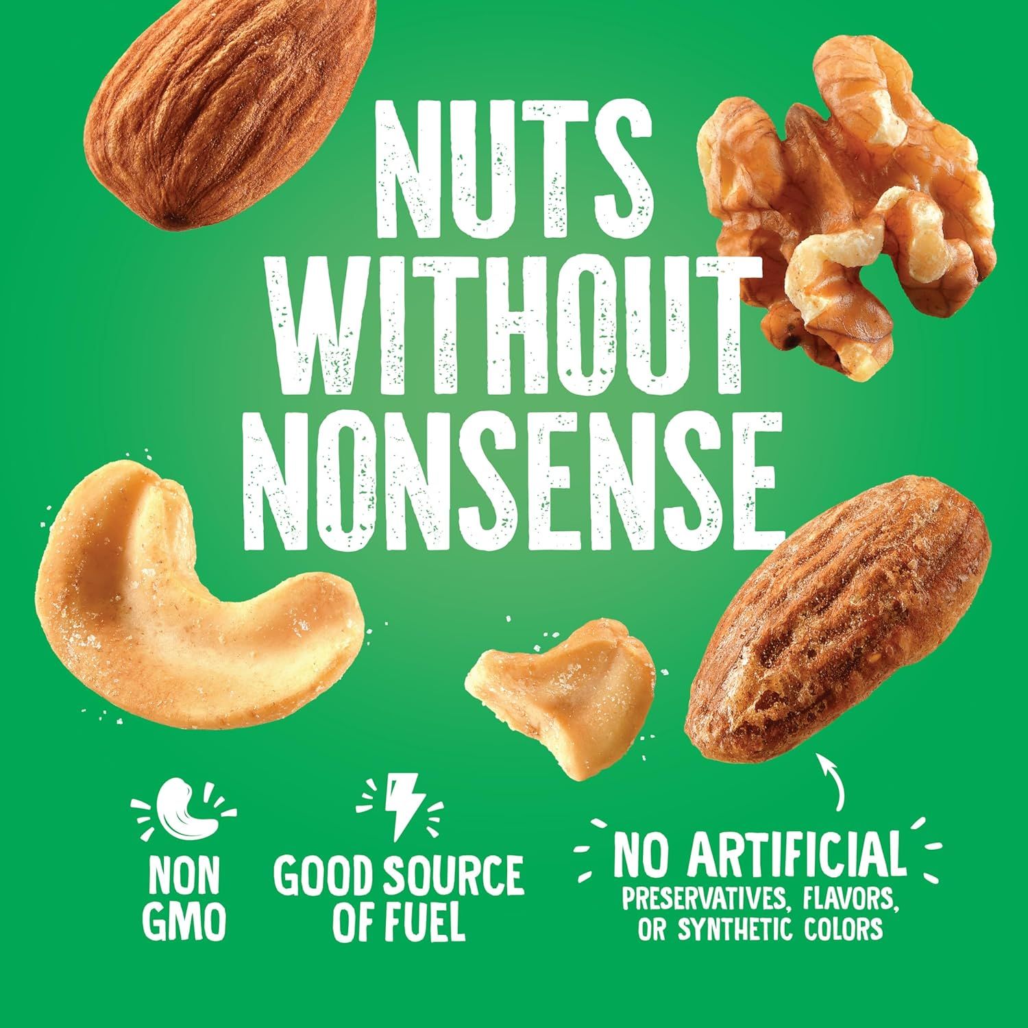 Communicates multiple health and quality benefits of the nuts product, reassuring shoppers that the product is natural, nutritious, and free from artificial…