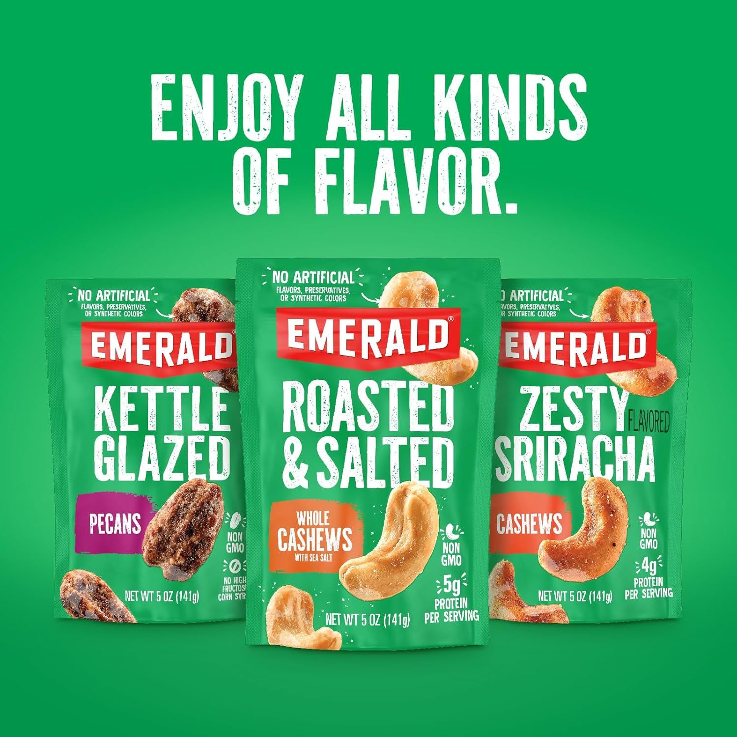 Showcases the brand's product portfolio by displaying three different flavor options side-by-side, helping shoppers understand the variety available and…