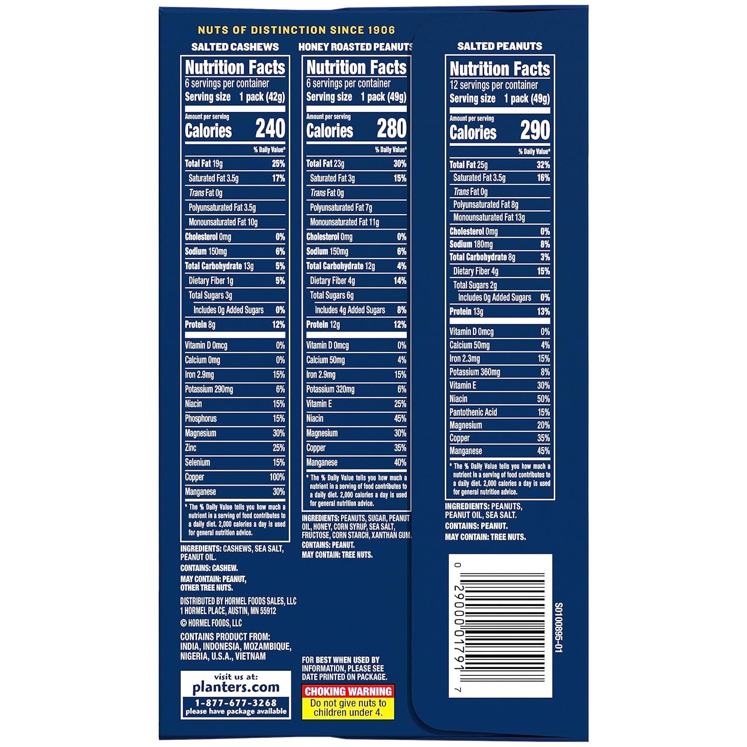Showcases the brand's product portfolio (three nut varieties) and reinforces brand heritage with 'Nuts of Distinction Since 1906' messaging to build trust and…