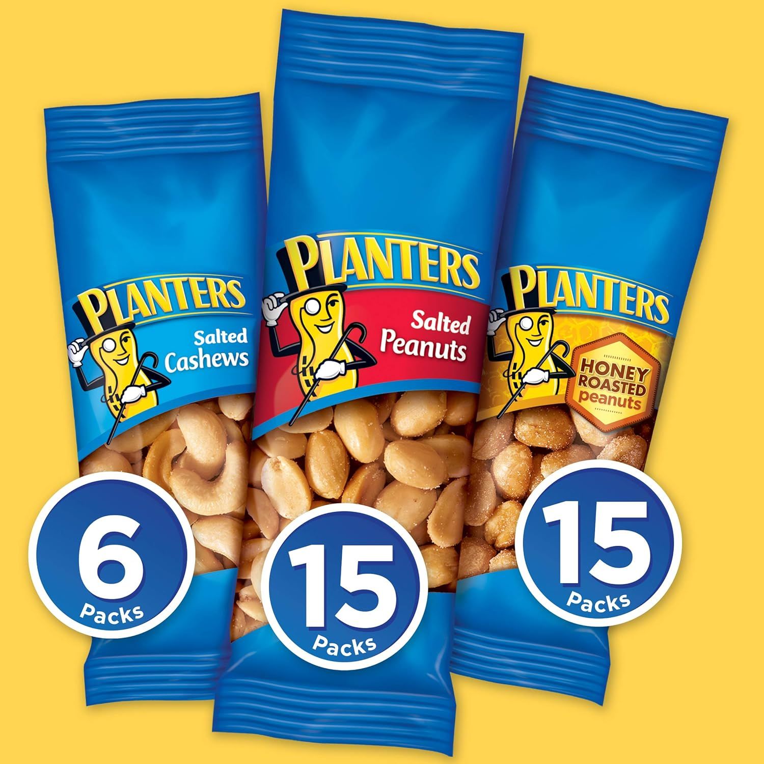Displays the Planters brand's product variety, showing three different nut options (Salted Cashews, Salted Peanuts, and Honey Roasted Peanuts) with pack count…