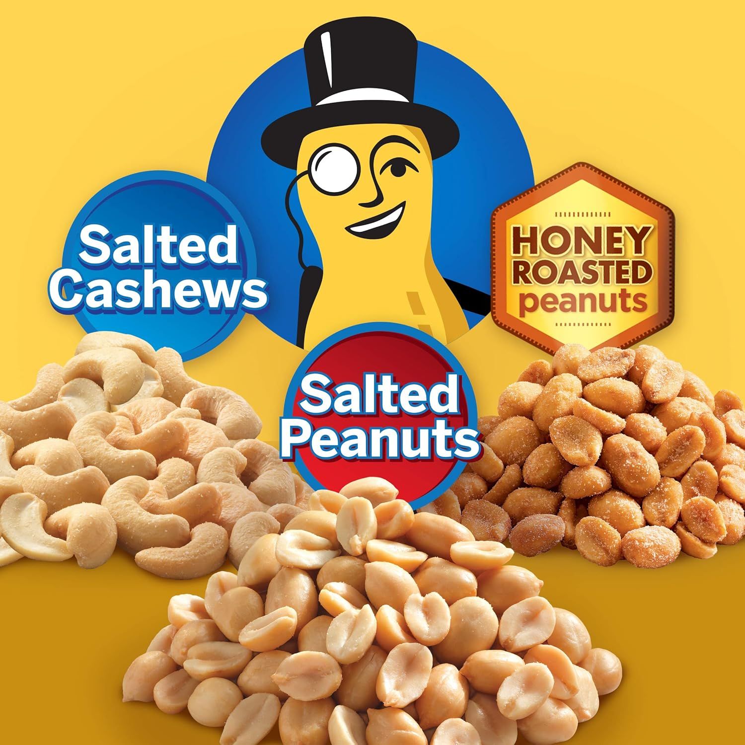Showcases the brand's product portfolio by displaying multiple nut varieties (salted cashews, salted peanuts, honey roasted peanuts) available from the brand,…