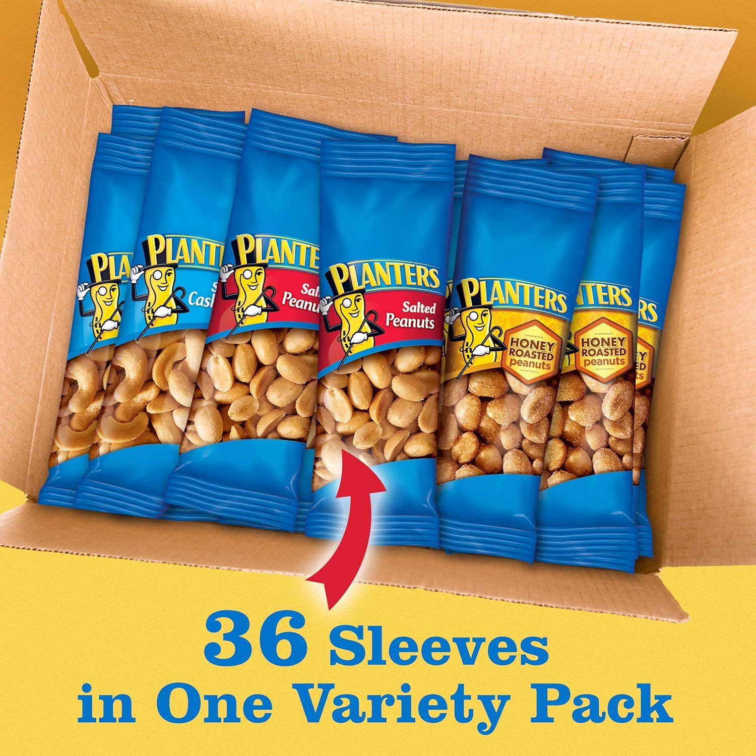 Shows the customer exactly what they receive in the variety pack—36 individual sleeves of different Planters peanut varieties (Cashews, Salted Peanuts, Honey…