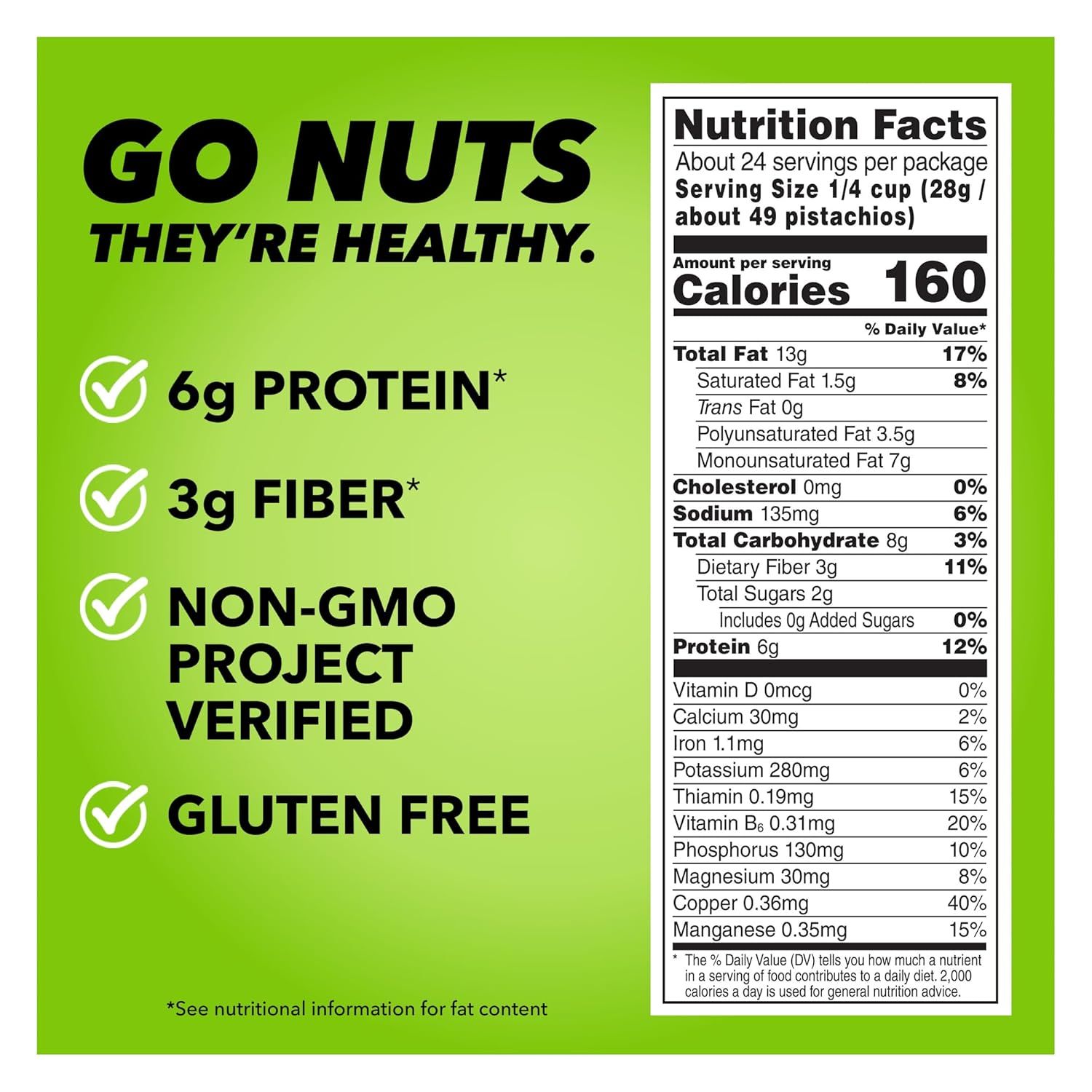 Communicates multiple health benefits and certifications of pistachios to reassure shoppers that the product is nutritious and meets dietary preferences.