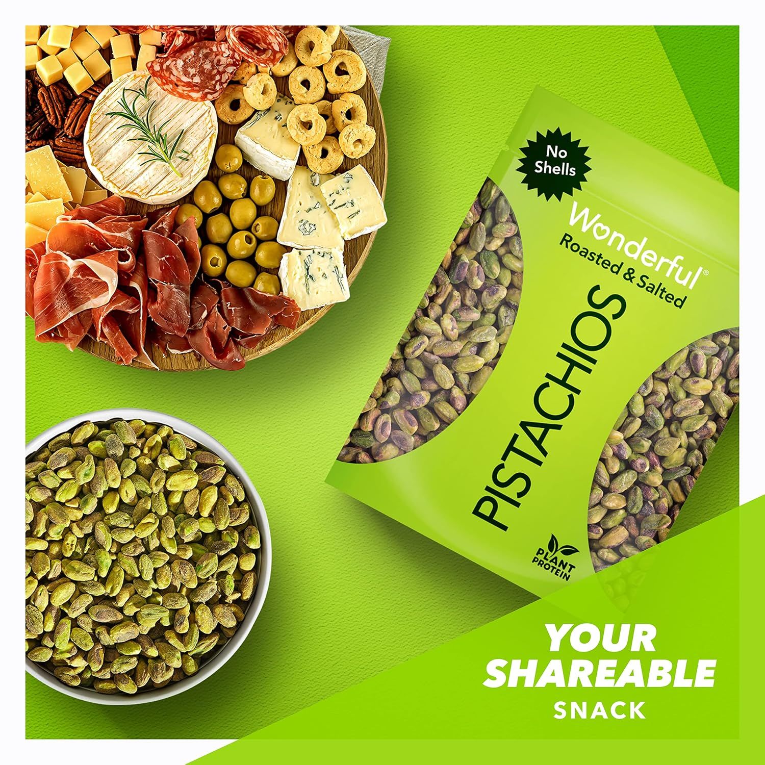 Demonstrates multiple use cases for the pistachios—as a standalone snack, as part of a charcuterie board, and as a shareable entertaining option—to show…