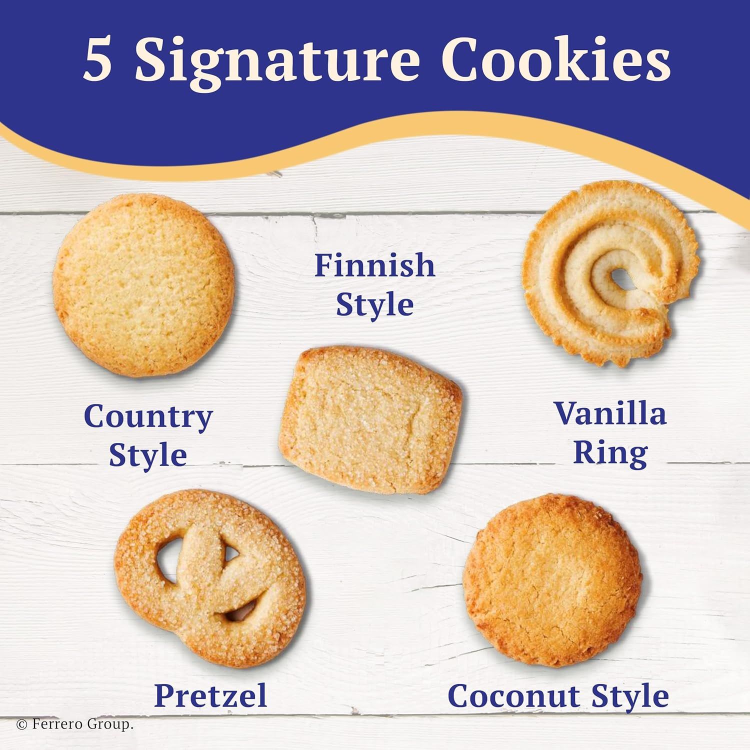 Displays the brand's product portfolio of 5 signature cookie varieties to help shoppers understand the different options available and choose their preferred…