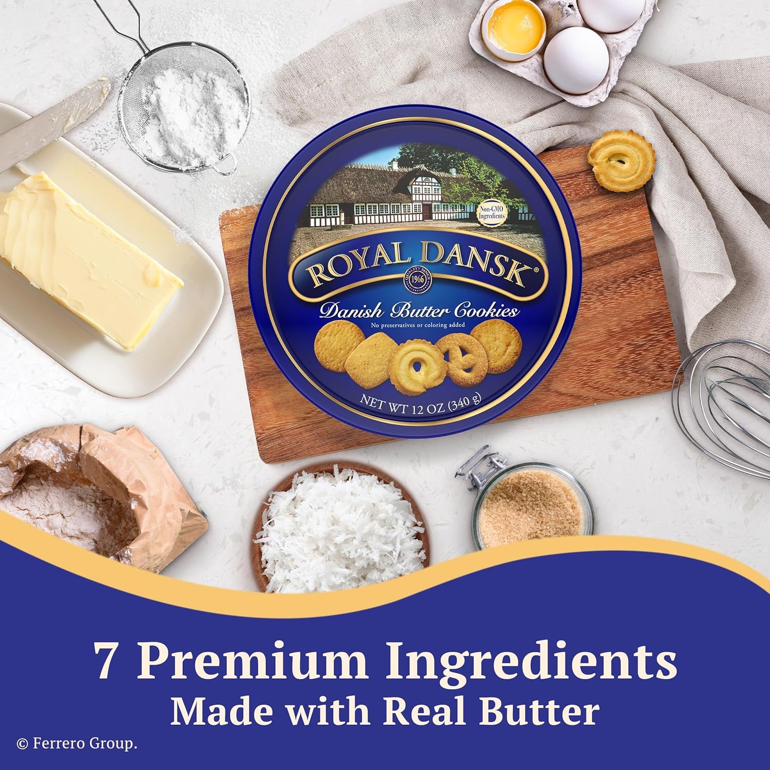 Communicates the quality and authenticity of the product by highlighting that it contains 7 premium ingredients and is made with real butter, reassuring…