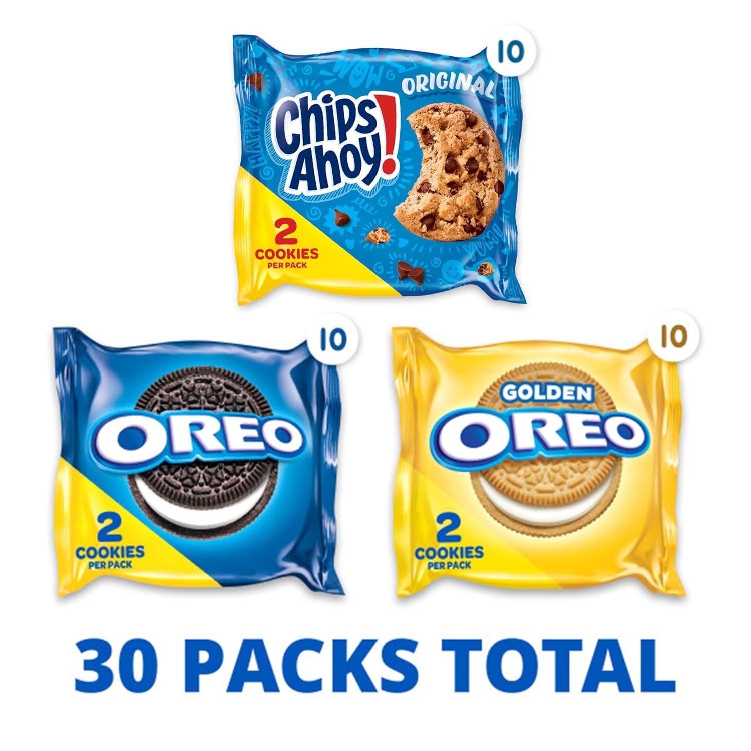 Shows shoppers exactly what they receive in the variety pack: 10 packs each of Chips Ahoy Original, Oreo, and Golden Oreo cookies, with 2 cookies per pack,…