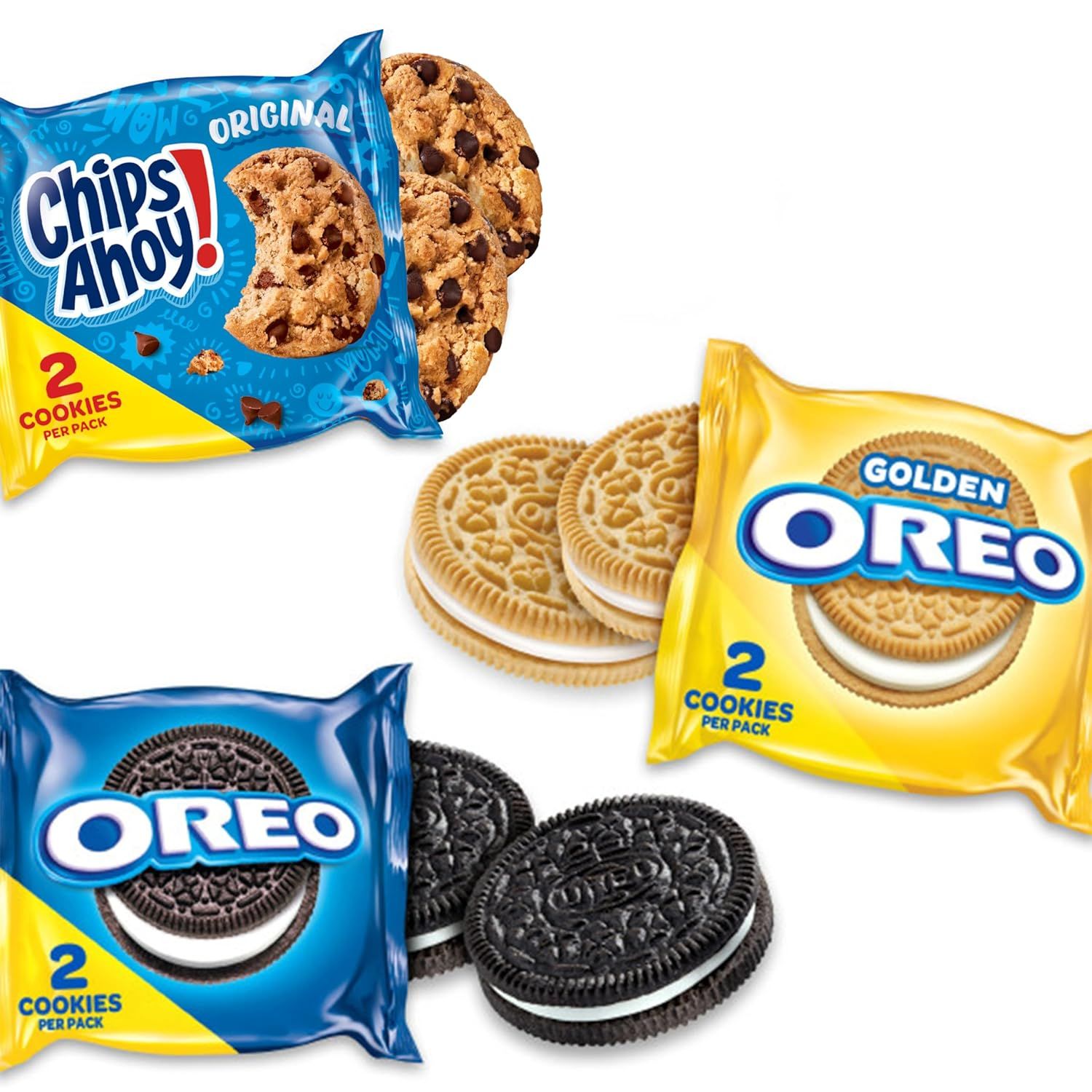 Displays the brand's variety of cookie options (Chips Ahoy, Golden Oreo, and Original Oreo) to help shoppers understand the available product variants and…