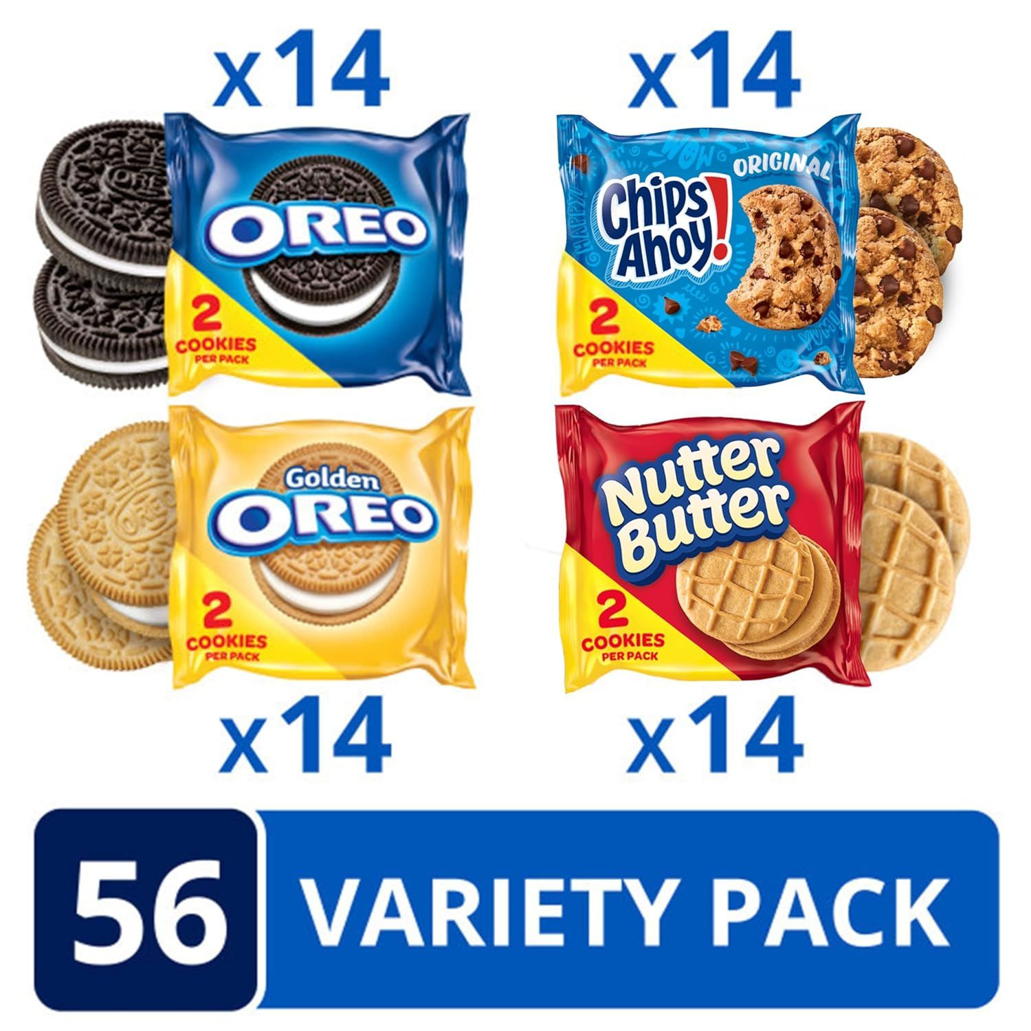 Shows shoppers exactly what cookie varieties and quantities are included in the 56-pack bundle, helping them understand the product assortment before purchase.