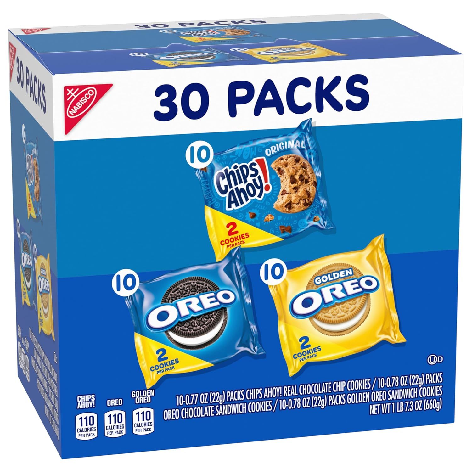 Showcases the brand's product portfolio by displaying three different cookie varieties (Chips Ahoy, Oreo, and Golden Oreo) in one variety pack, helping…