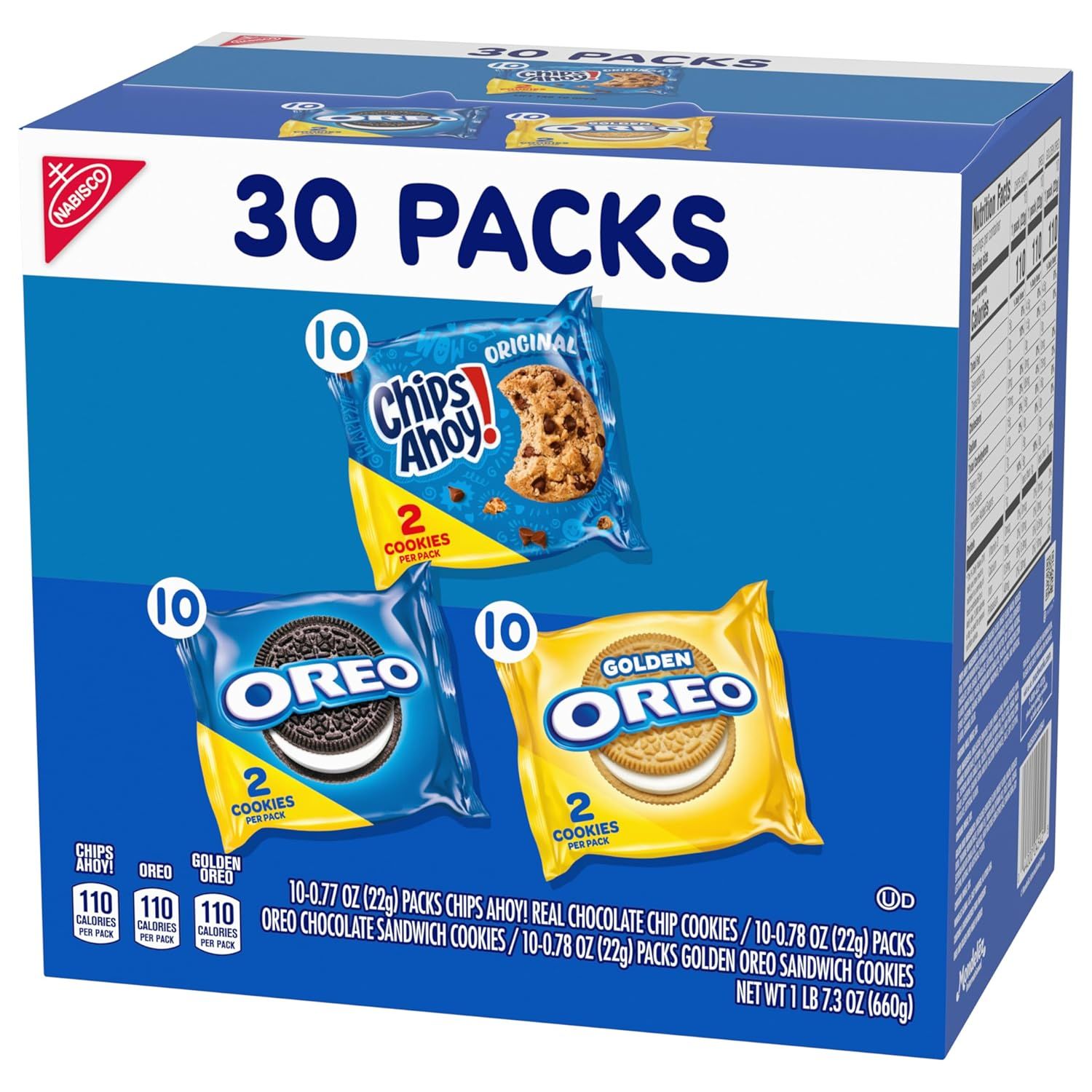 Shows shoppers exactly what's included in the variety pack—the three cookie types, quantities of each, and total pack count—to help them understand the bundle…