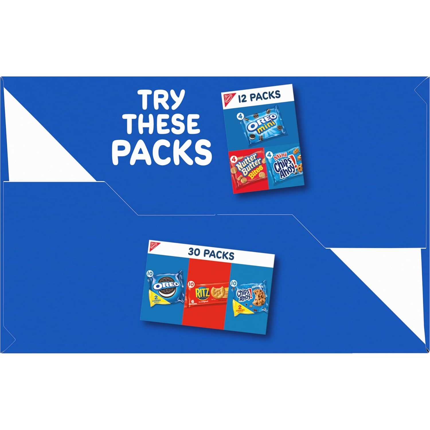 Showcases the brand's product portfolio by displaying two variety pack options (12 packs and 30 packs) to help shoppers choose the right bundle size for their needs.