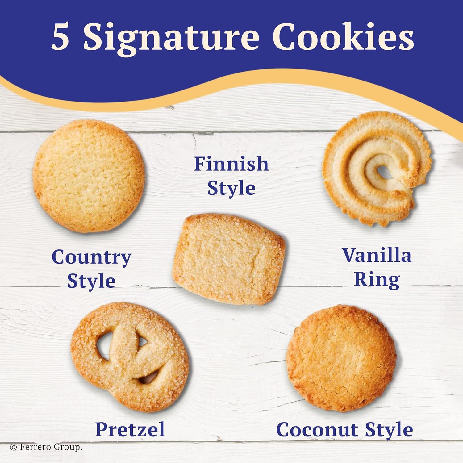 Showcases the brand's product portfolio by displaying five different signature cookie styles available in the product line, helping shoppers understand the…