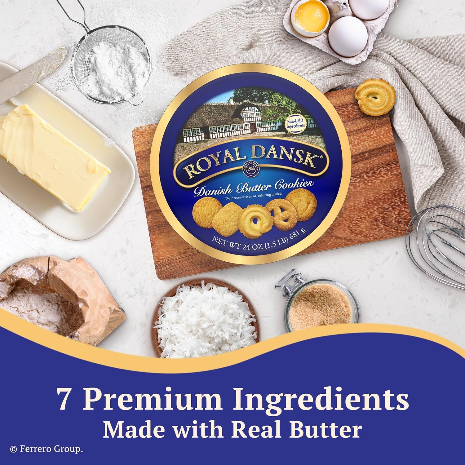 Communicates the quality and authenticity of the product by highlighting that it is made with 7 premium ingredients including real butter, reassuring shoppers…