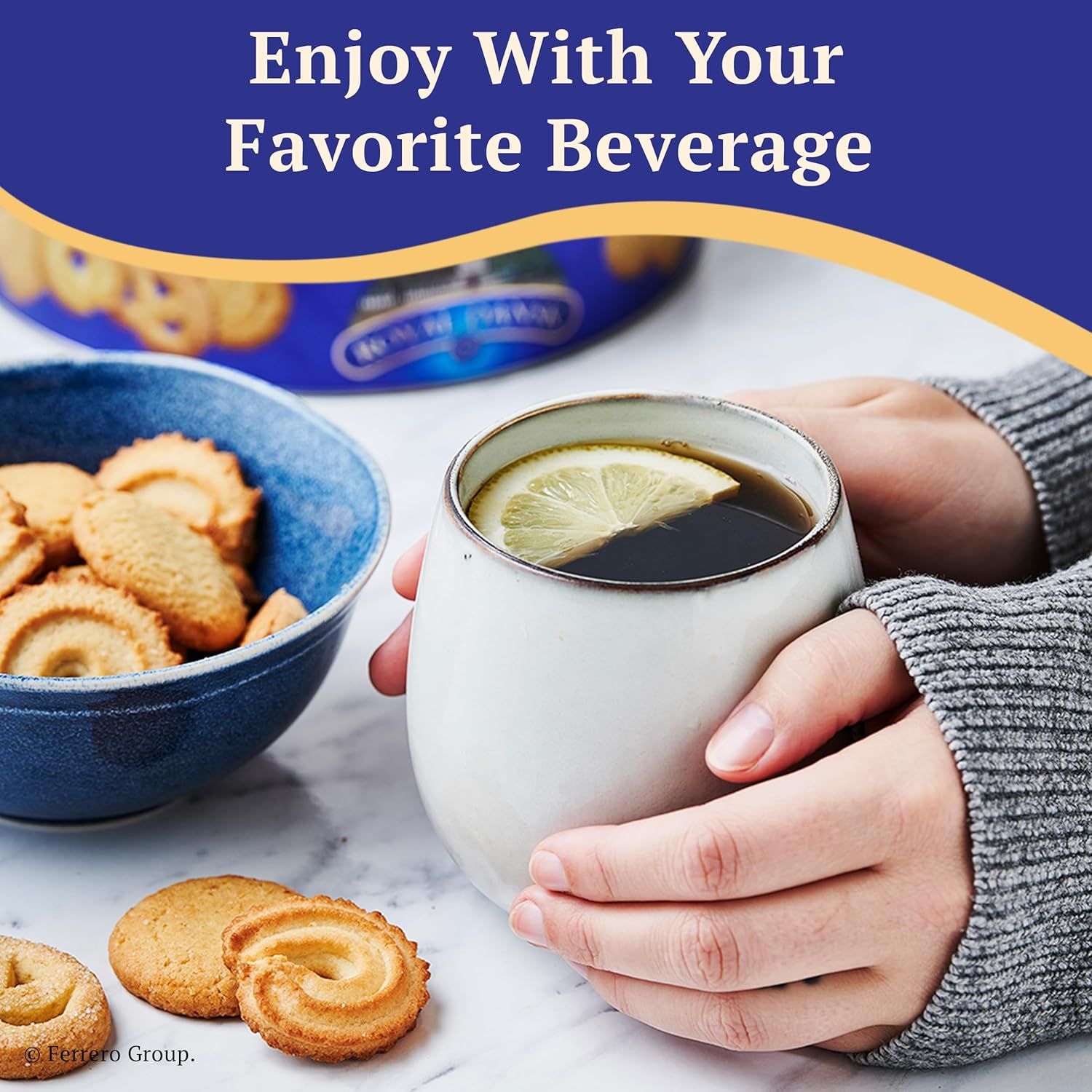 Creates an emotional connection by showing the product in a warm, relatable lifestyle setting with tea and cookies, suggesting comfort and everyday enjoyment.