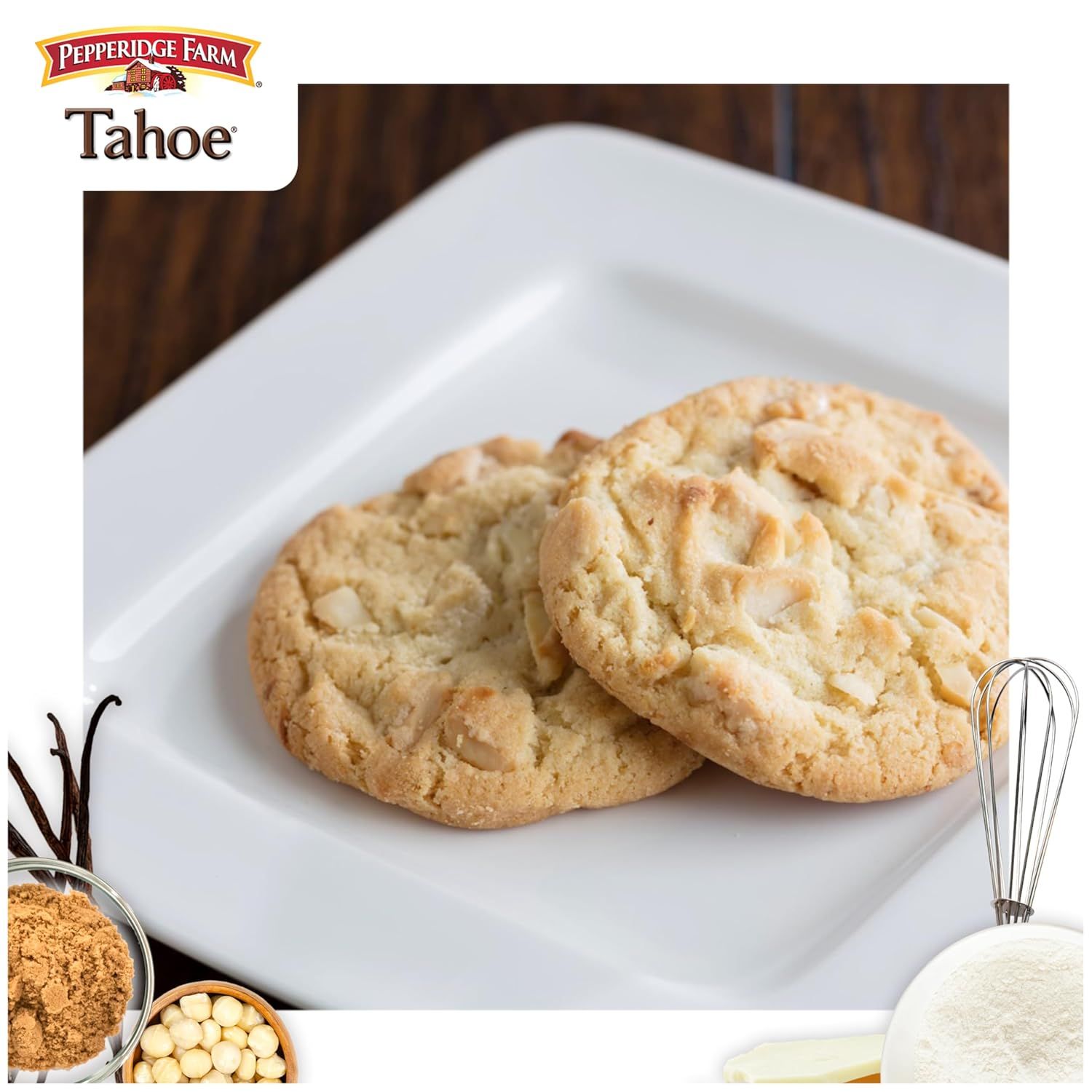 Shows the Pepperidge Farm Tahoe cookies in an appetizing, real-world setting to help shoppers visualize the product and create desire through lifestyle photography.