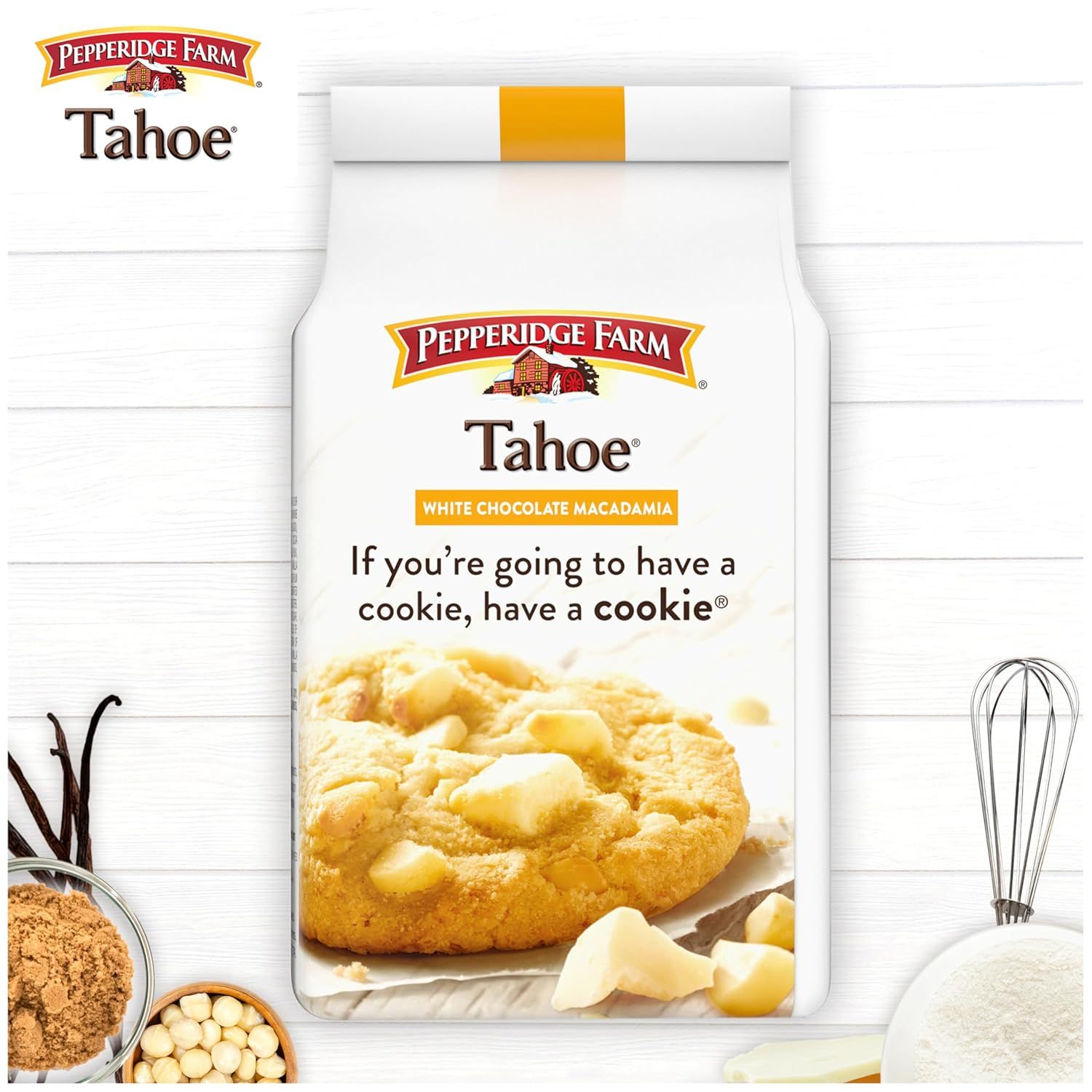 Communicates the Pepperidge Farm brand identity and showcases the Tahoe product line with its signature tagline to build brand recognition and emotional connection.