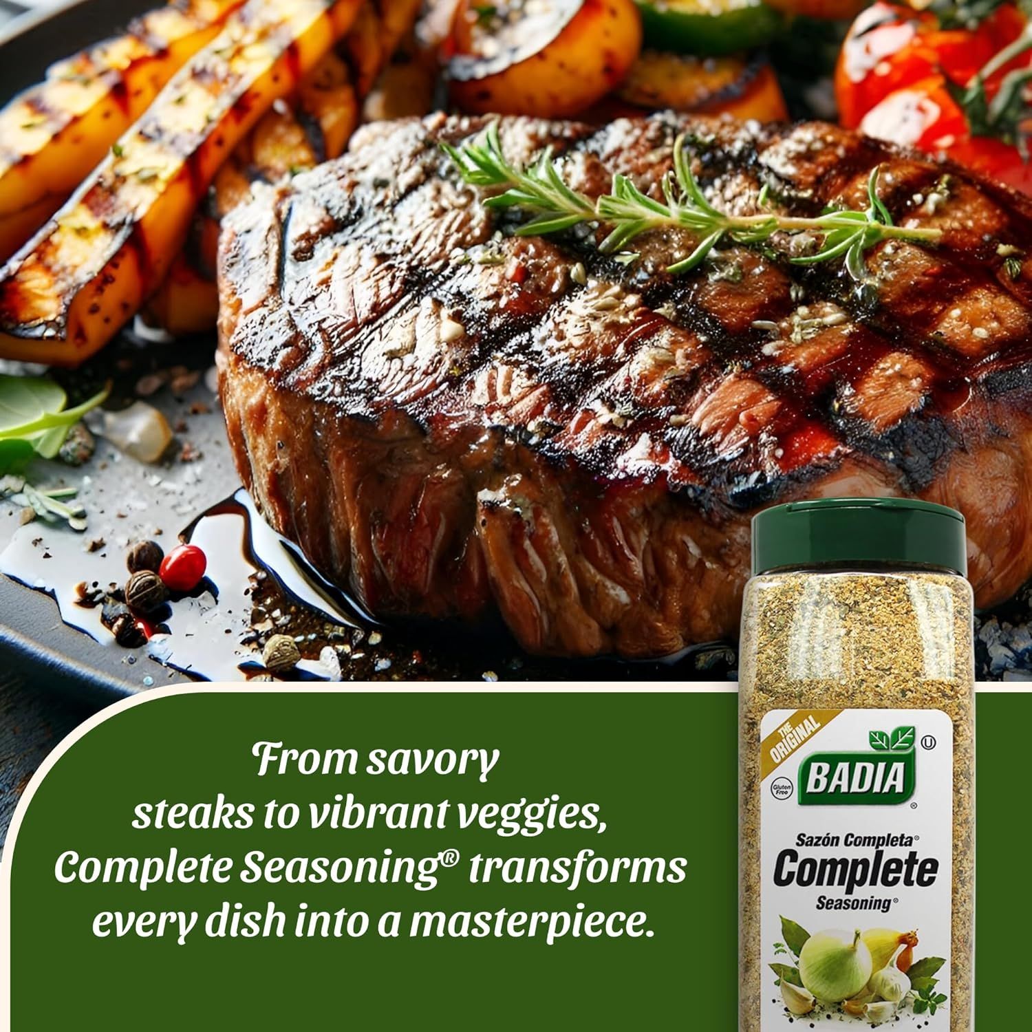 Demonstrates the versatility of the seasoning by showing it can be used on multiple types of dishes, from savory steaks to vibrant vegetables, reassuring…
