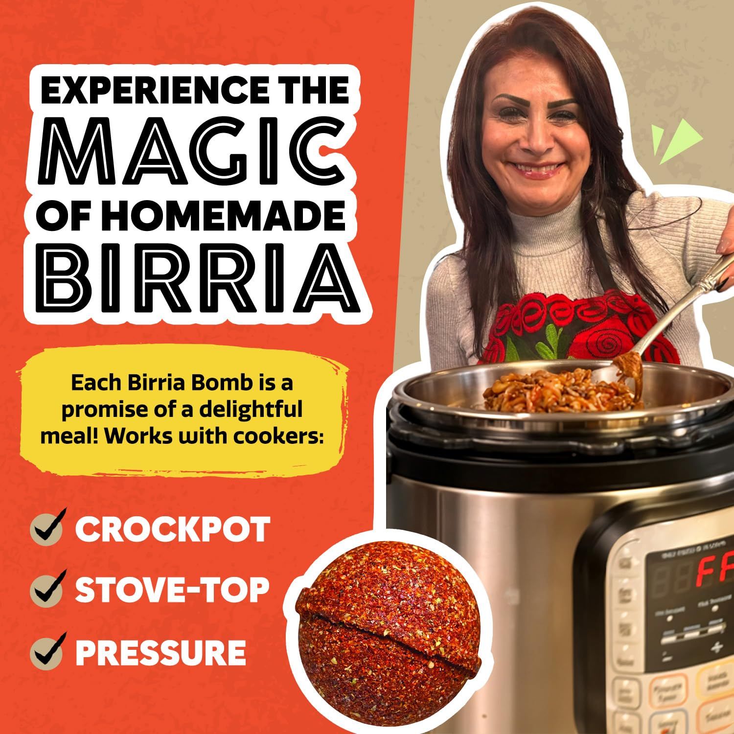 Demonstrates that the birria bomb product works with multiple cooking methods (crockpot, stove-top, and pressure cooker), reassuring shoppers of its versatility and convenience across different…