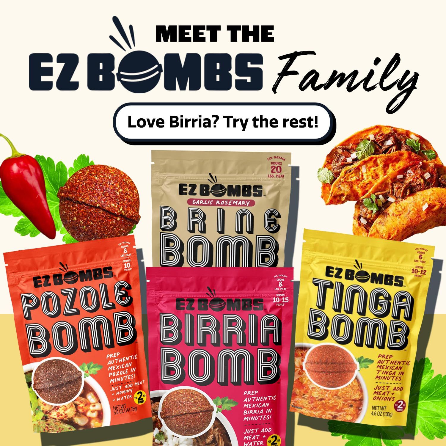 Introduces the EZ Bombs brand family and encourages shoppers who like one flavor (Birria) to explore the full product lineup of Mexican seasoning bombs.