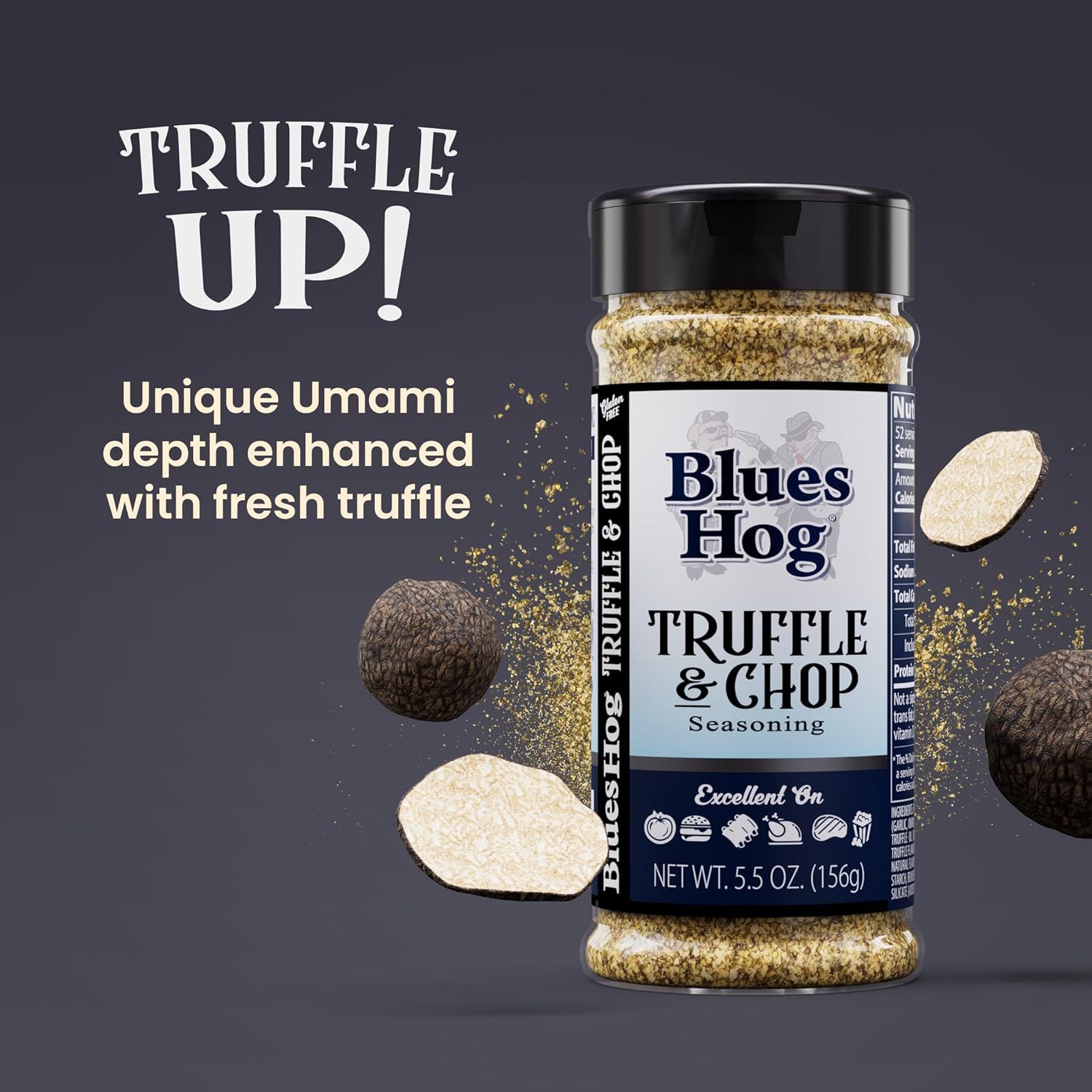 Communicates the product's distinctive flavor profile and premium ingredient (fresh truffle) to appeal to shoppers seeking gourmet seasoning options.
