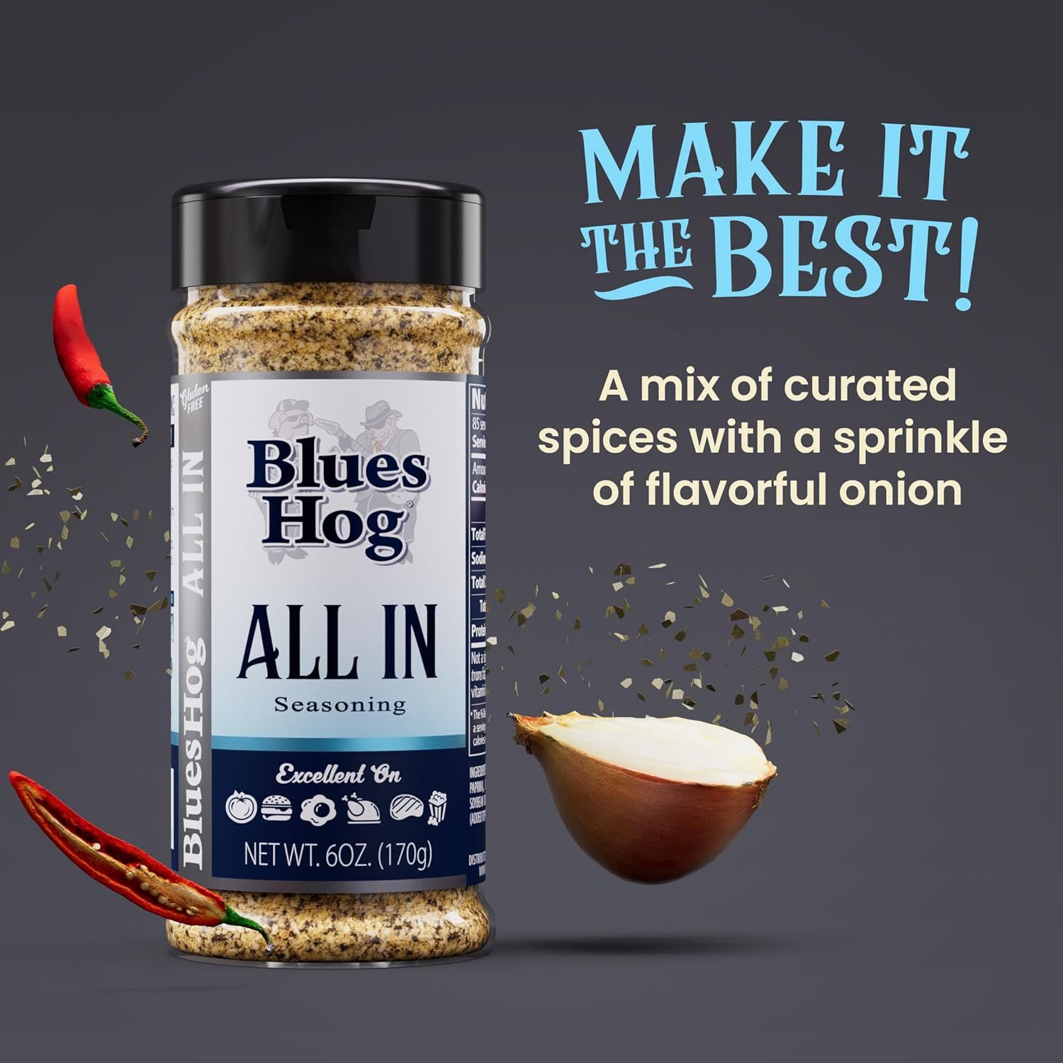 Communicates the product's versatility and flavor profile as an all-purpose seasoning blend, emphasizing convenience and quality ingredients to encourage…