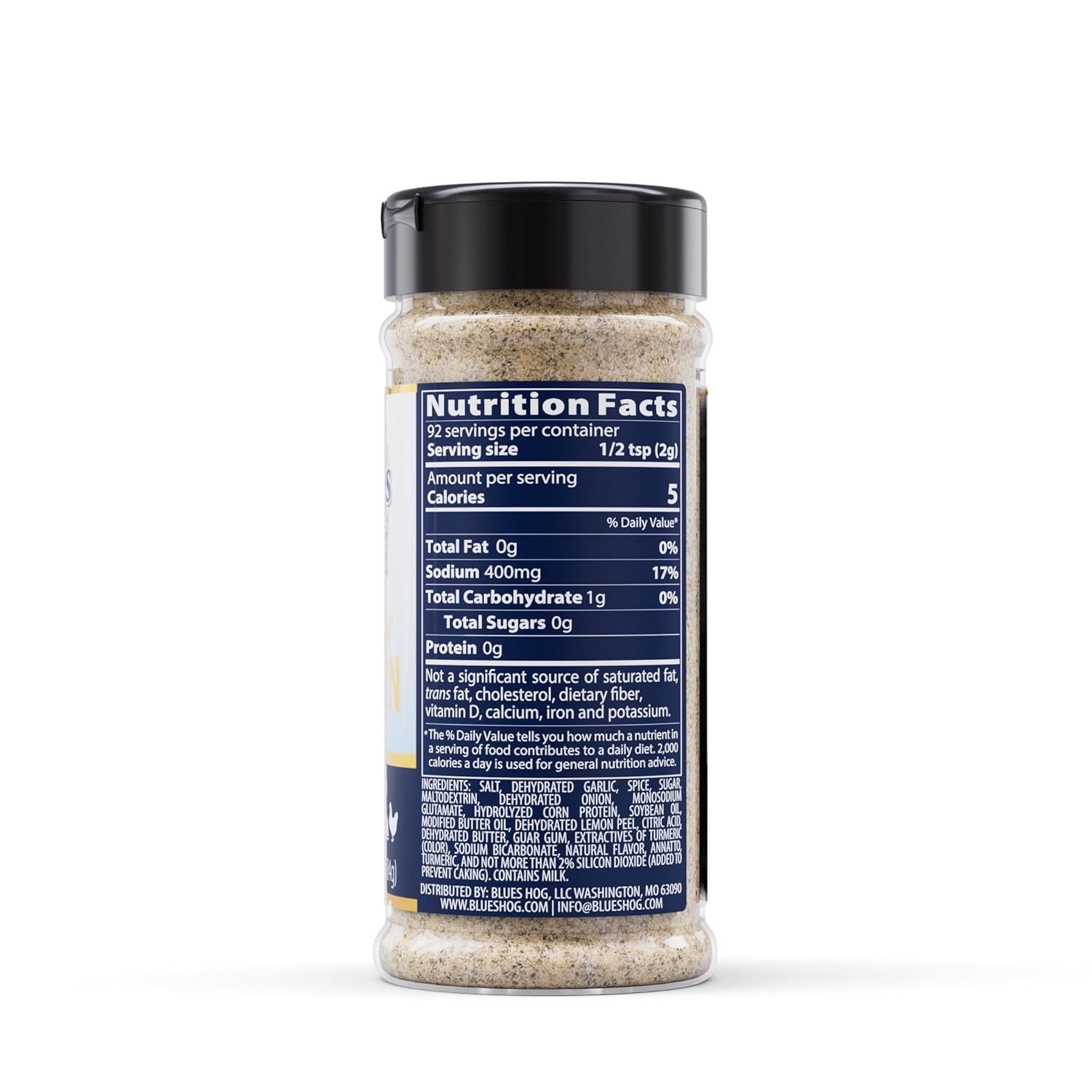 Displays the product in a clean, catalog-style format showing the spice jar with its nutrition facts label clearly visible for shopper reference.