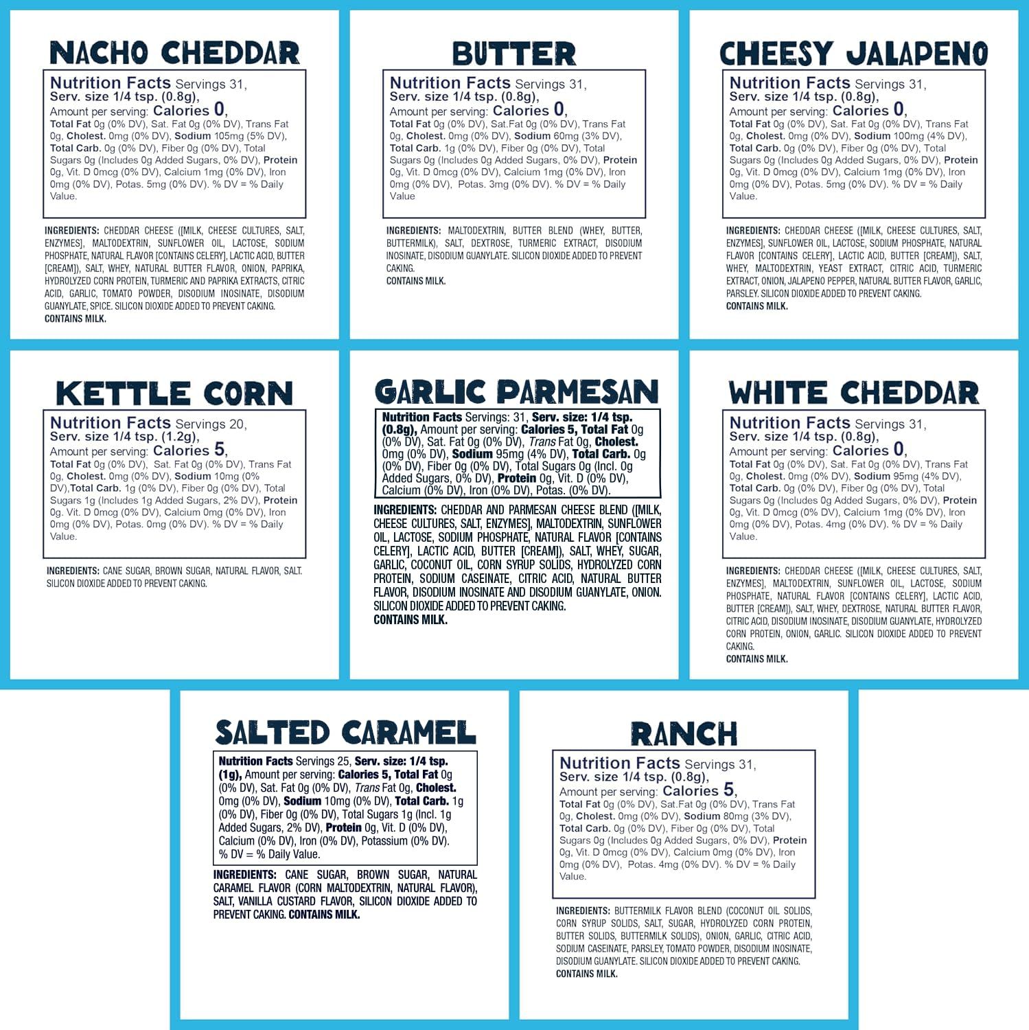 Displays the brand's full product lineup of popcorn seasoning flavors with nutrition facts and ingredients to help shoppers compare options and choose their…