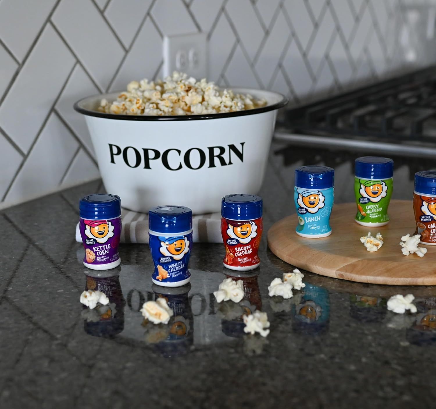 Displays the brand's full product lineup of popcorn seasonings in multiple flavors to help shoppers understand the variety available and choose their…