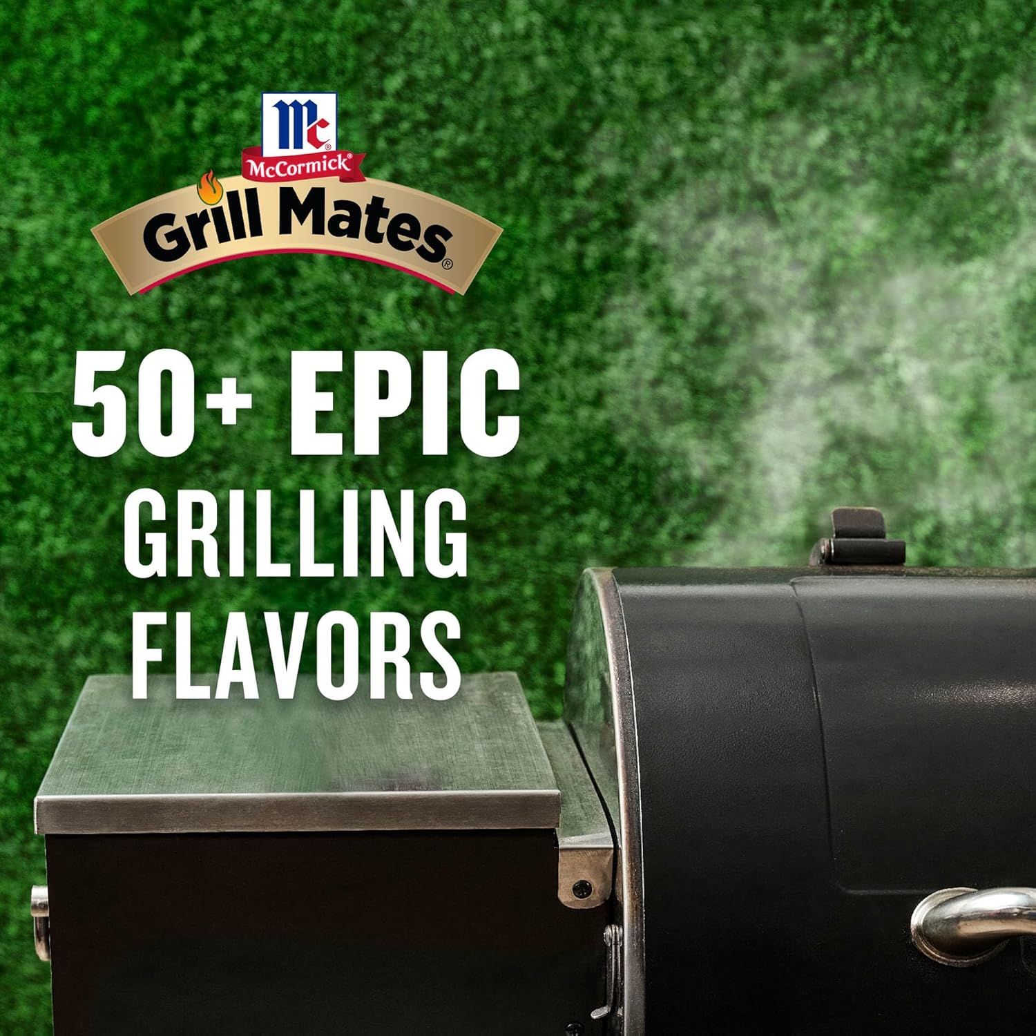Communicates the breadth of the McCormick Grill Mates product line, emphasizing that the brand offers 50+ different grilling flavors to reassure shoppers they have extensive variety and options.