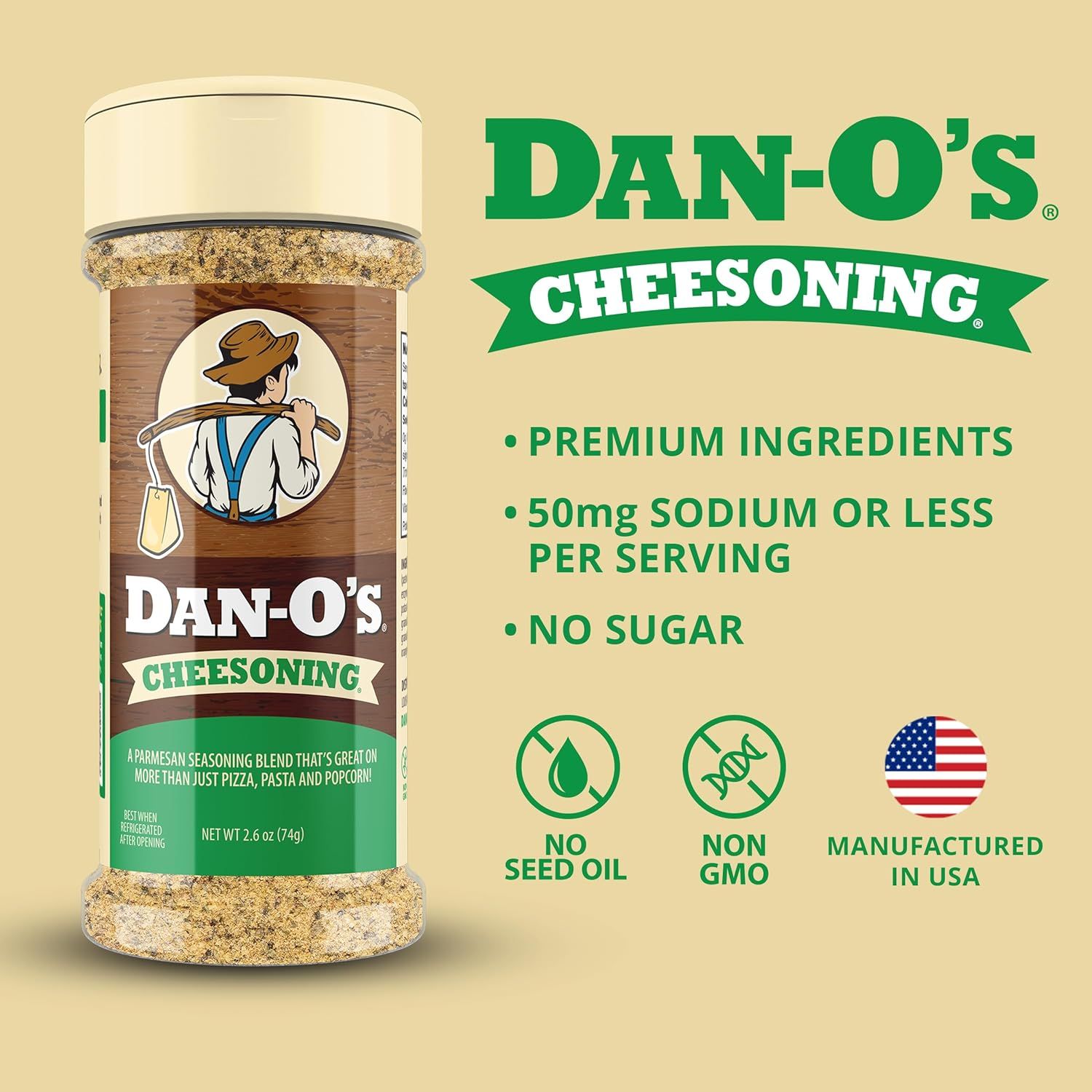 Communicates multiple health and quality benefits of the cheesoning product to reassure shoppers about ingredient quality, dietary considerations, and…