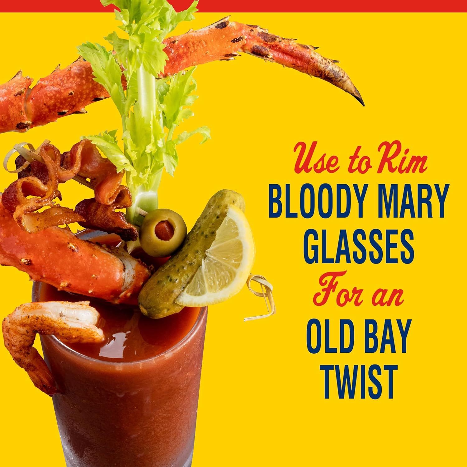 Demonstrates a creative use case for the product (Old Bay seasoning) by showing how it can be used to rim Bloody Mary glasses, encouraging shoppers to see the…